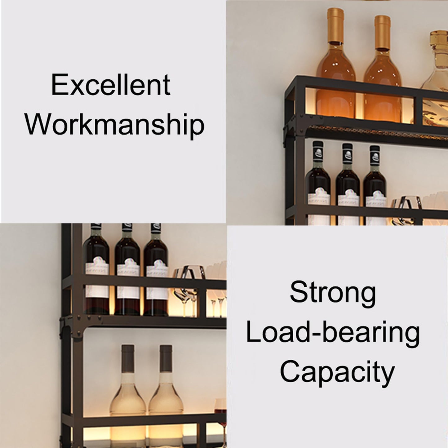 GBRMZOP Wall Mounted Wine Rack with LED Light Floating Bar Shelf & Liquor Bottle Display Kitchen Wall Shelf with Hanging Wine Glass Rack Stylish Home Bar & Cafe Decor (Black)