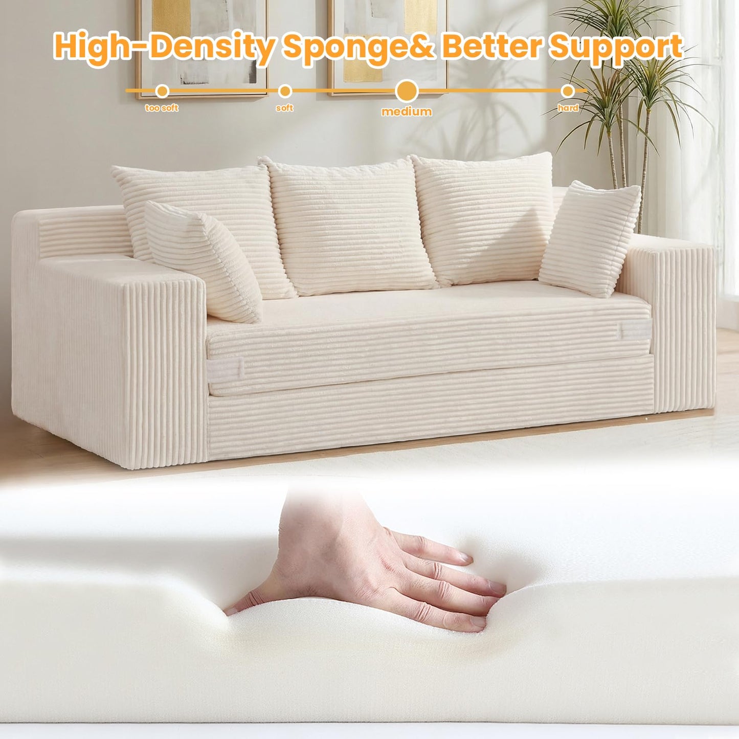 Winzoo Boneless Couch 70 inch, 3 Seater Couch with Pull Out Bed, Boneless Loveseat Oversize Beige Futon Couch Floor Bed with 5 Pillows for Living Room Bedroom Lounge Small Space