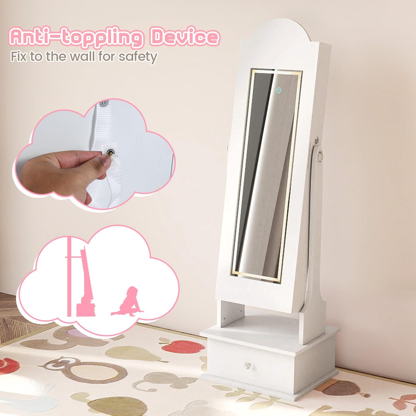 INFANS Kids Jewelry Armoire Cabinet with LED Lights, Lockable Standing Organizer with Full-length Mirror, Unicorn Theme Children Vanity Dress Up Storage Rack for Girls