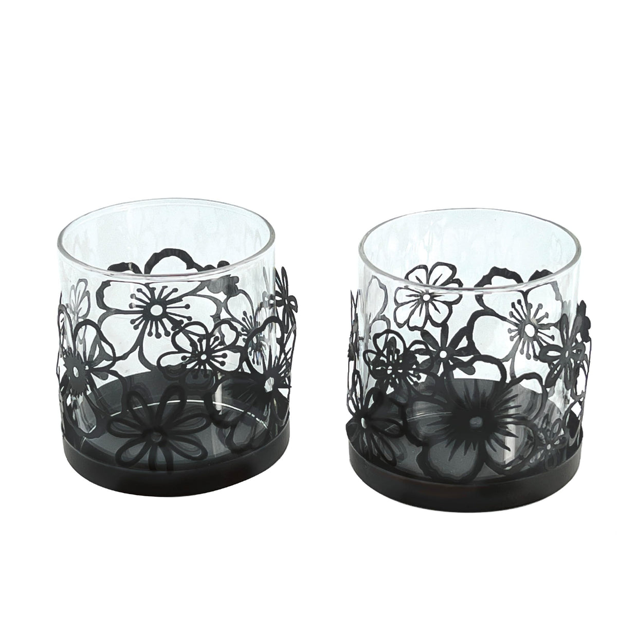 Lily’s Home Cutout Shadow Box Votive Tea Light Hurricane Glass Candle Holders, Centerpiece Lighting for Weddings, Entertaining and Home Decor, Flowers Garden Design, Black, Set of Two