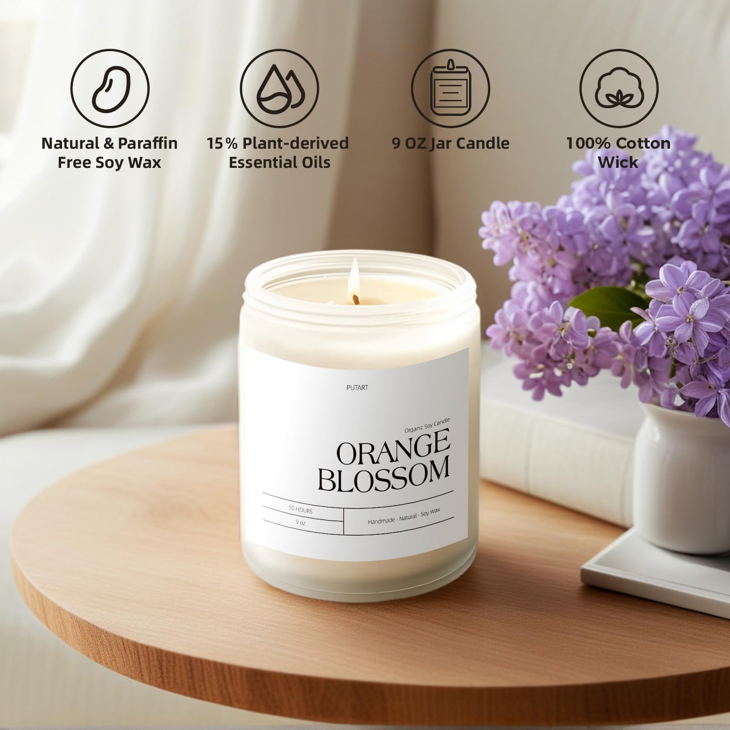 Putart Orange Blossom Candles for Home Scented, Natural Soy Wax Aromatherapy Non Toxic Candle for Stress Relief, Long Burning & Lasting Candle Gifts for Halloween, Birthday, Christmas, Thanksgiving