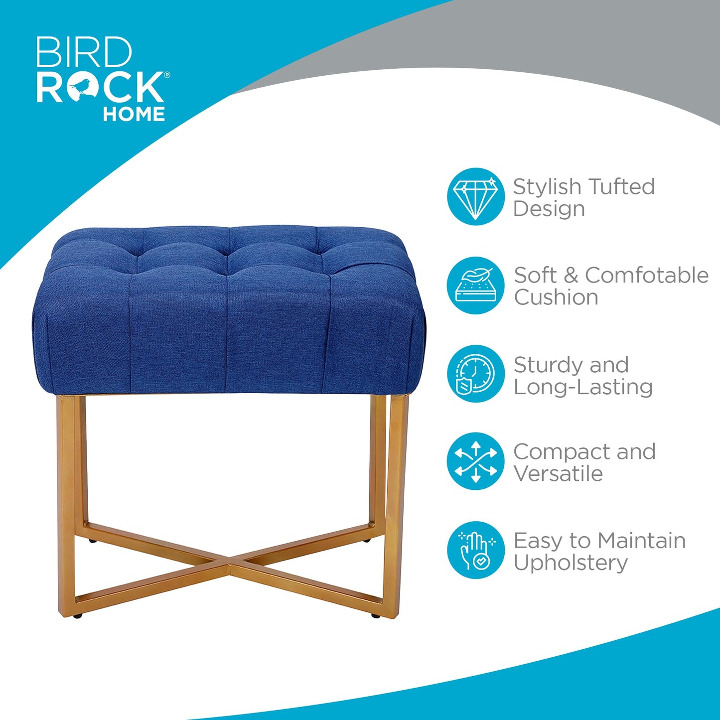 BIRDROCK HOME Rectangle Tufted Linen Ottoman Foot Rest - 19.7x11.82x17.73” Small Foot Stool with Legs - Padded Footrest Modern Ottomans for Living Room Furniture, Bedroom Footstool (Blue)