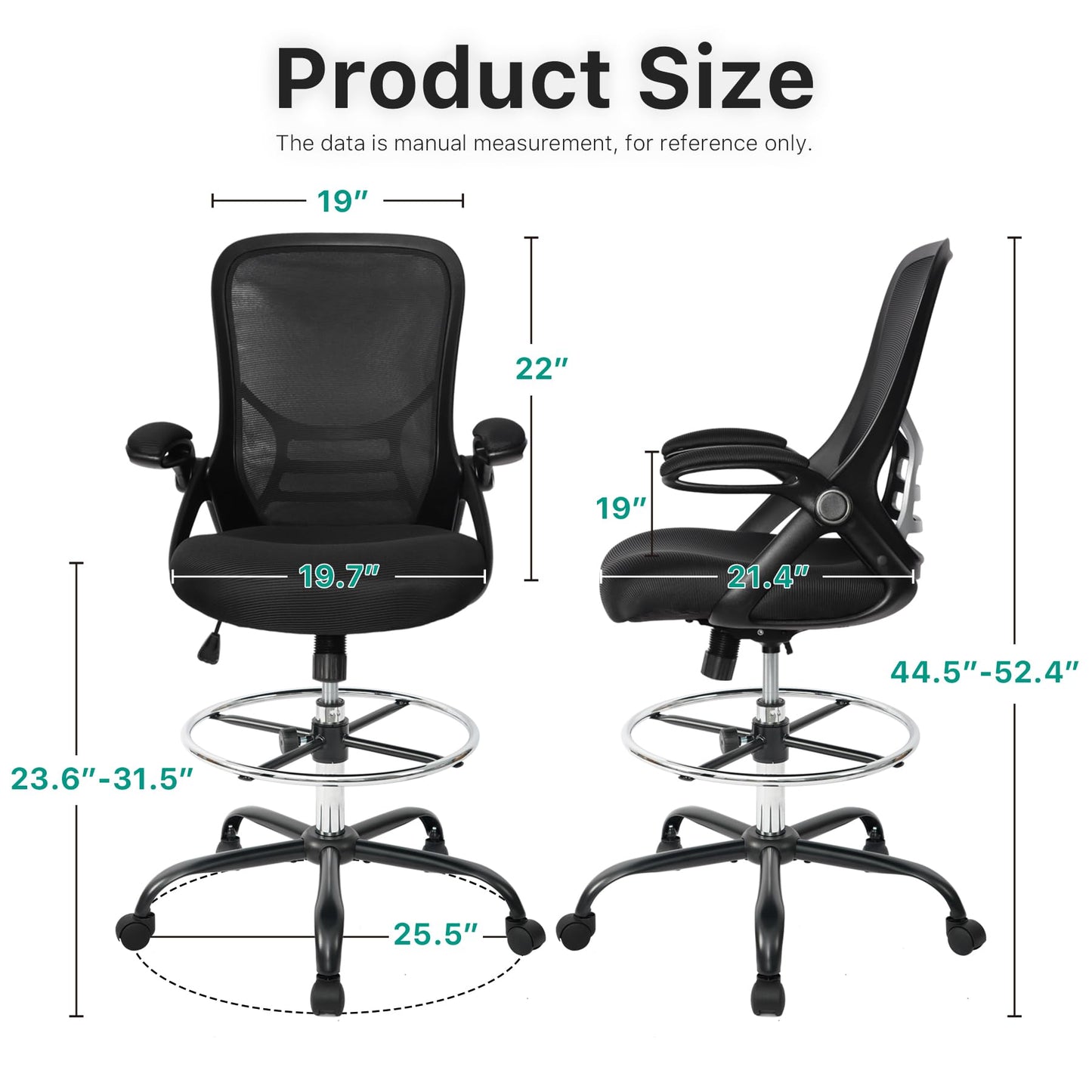 HYLONE Drafting Chair Tall Office Chair High-Back Mesh Standing Desk Stool with Adjustable Footrest Ring and Flip-Up Arms Black