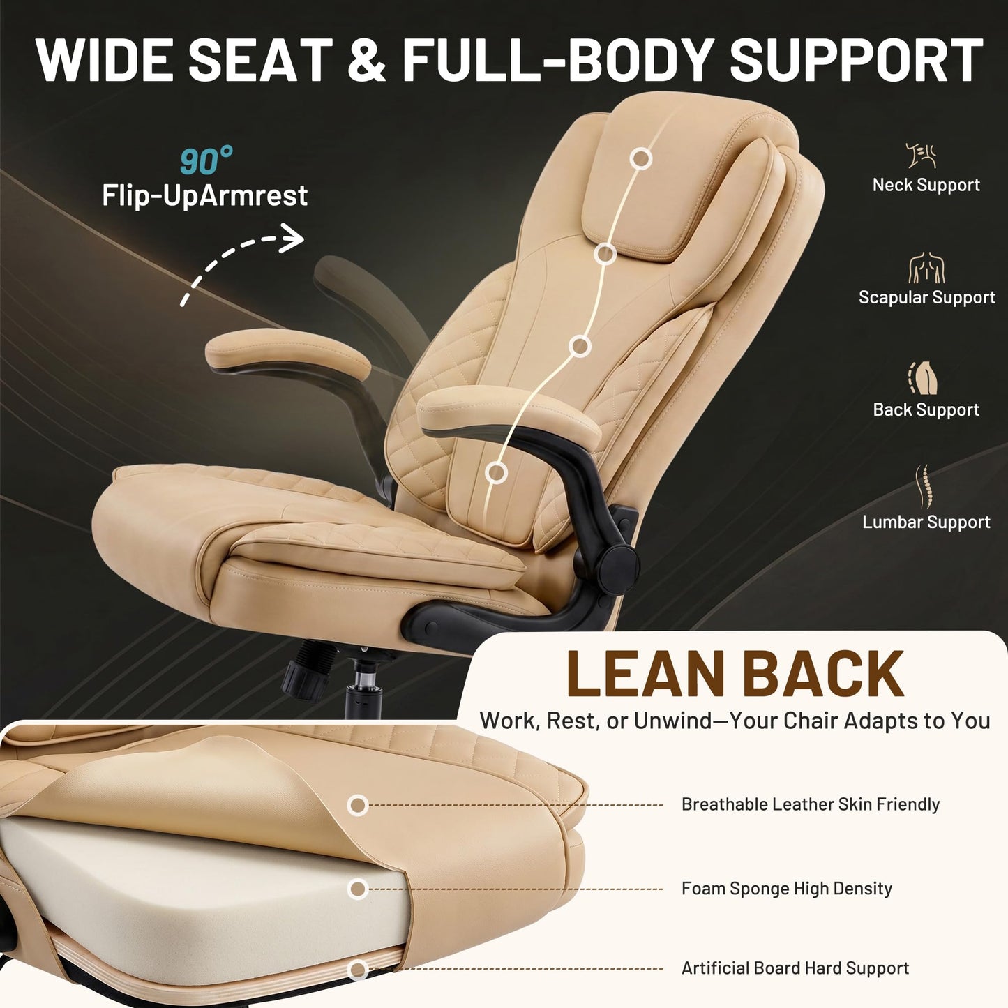 Hayelf Ergonomic Office Chair, PU Leather High Back Executive Chair with Adjustable Inflatable Lumbar Support and Padded Flip-Up Arms, Recline Swivel Task Computer Chair for Home Office, Khaki