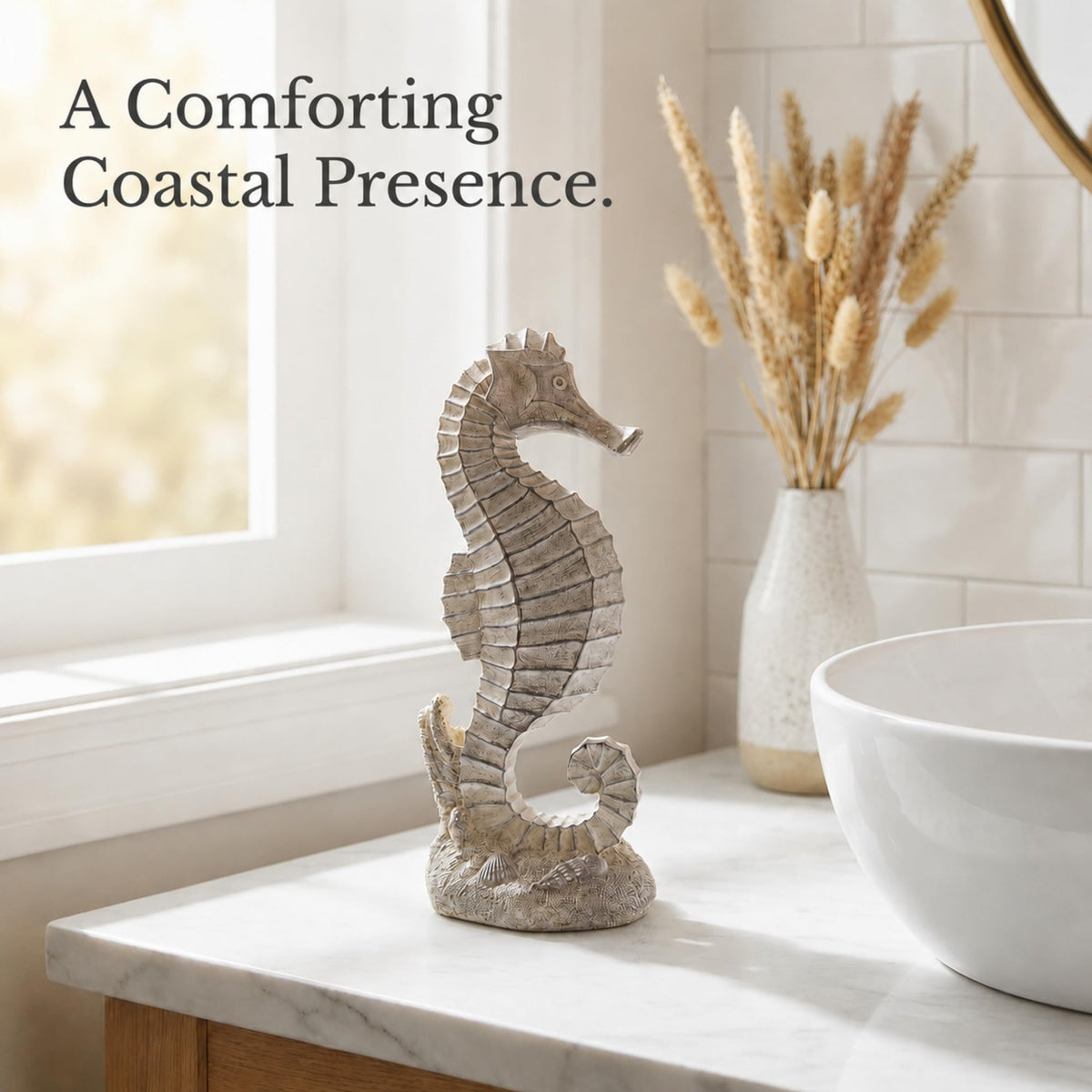 The Bridge Collection Decorative Seahorse Figurine – Coastal Seahorse Statue with Textured Ocean Detail – Nautical Beach House Decor Accent