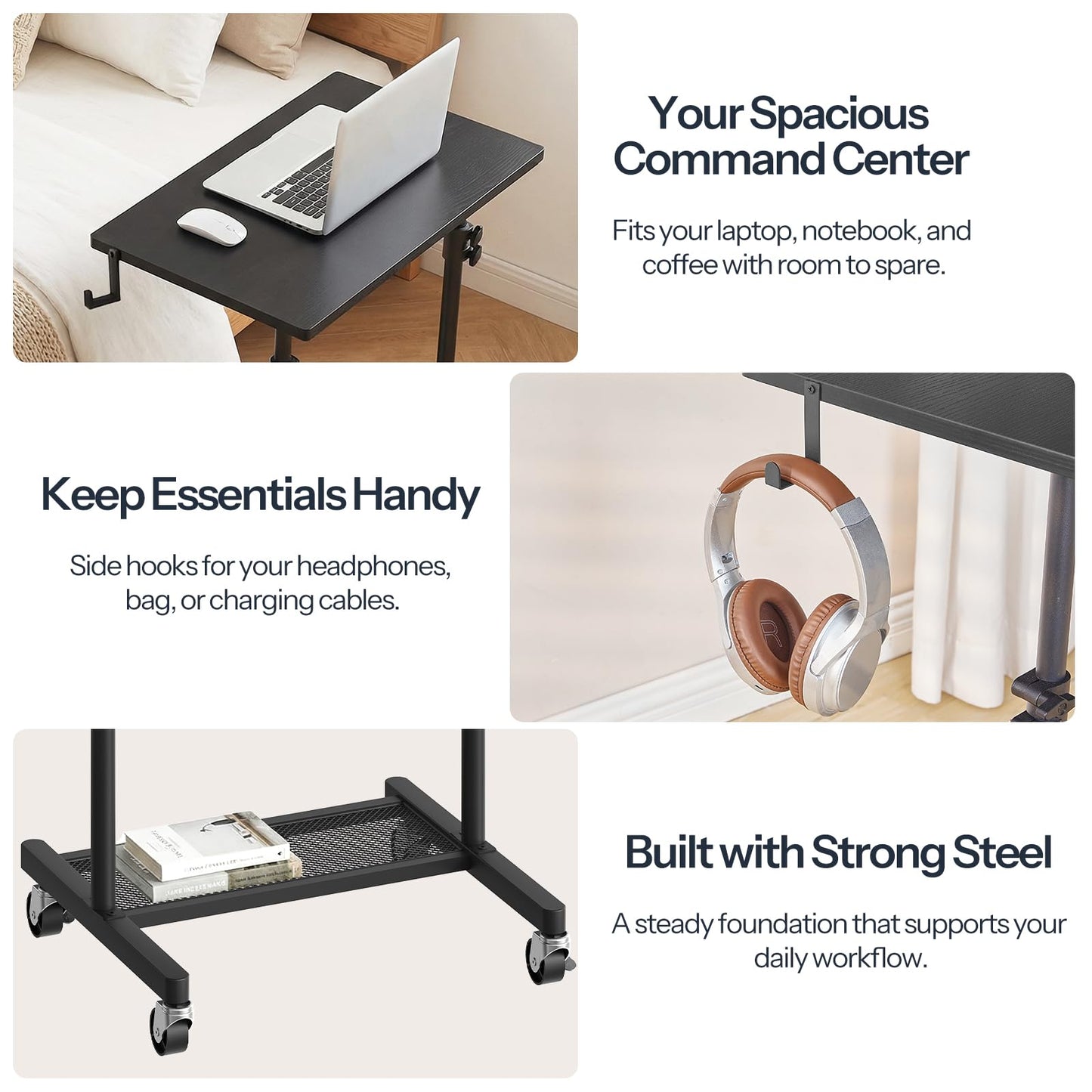 HOOBRO Standing Desk, Rolling Desk Adjustable Height, Portable Podium Stand, Mobile Stand Up Desk with Locking Wheels and Hooks, for Home Office and Living Room Use, Black BB01ZJ01