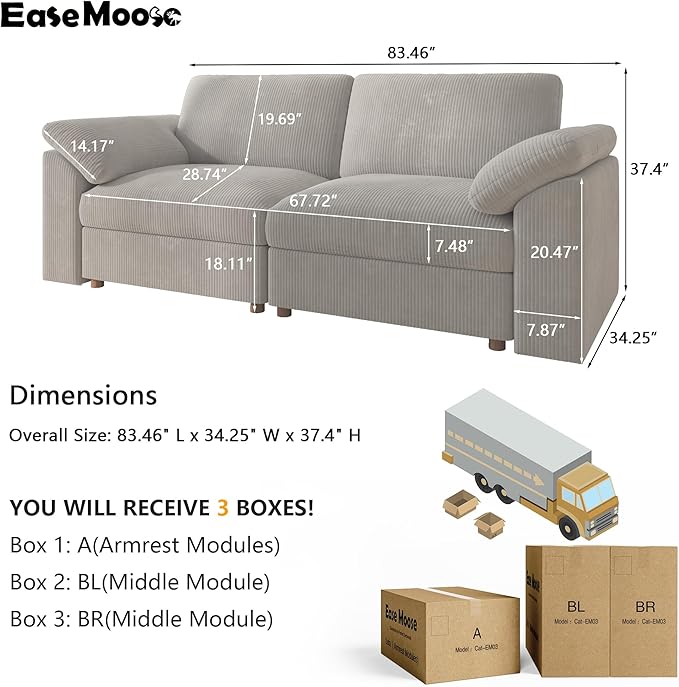 EASE MOOSE Comfty 2 Seat Couch, FSC Certified Modern Deep Seat Sectional Modular