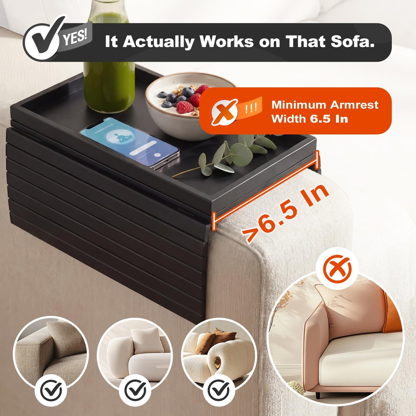 B-Zefyrn Sofa Arm Tray, Foldable Bamboo Couch Armrest Table with Large 12.5" x 5.8" Storage Compartment, Portable Chair Couch Caddy Arm Tray for Cup TV Snacks Phone