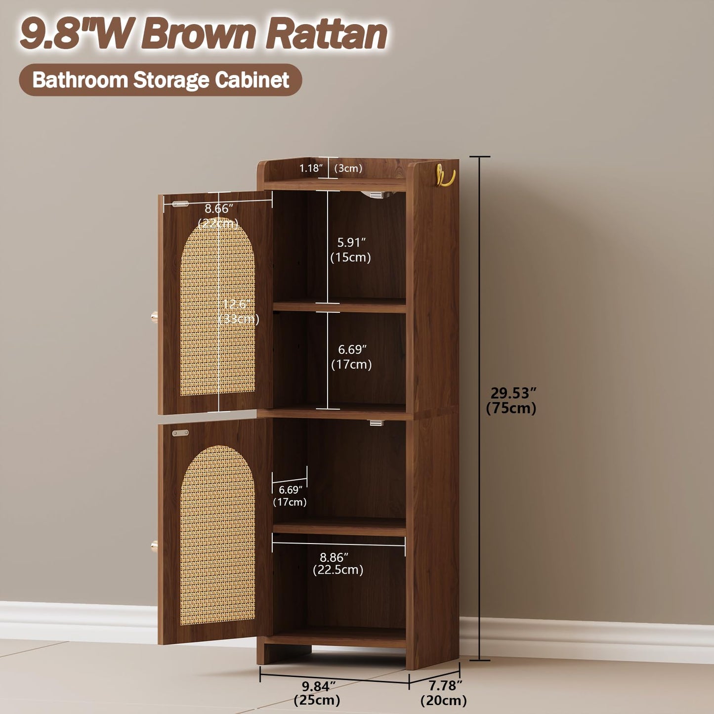 Rattan Bathroom Storage Cabinet,Corner Floor Cabinet with 2 Doors and Adjustable Shelf, Narrow Toilet Paper Cabinets with 2Hooks,Toilet Organizer for Small Spaces,7.87"D*9.84"W*29.72"H （Brown）