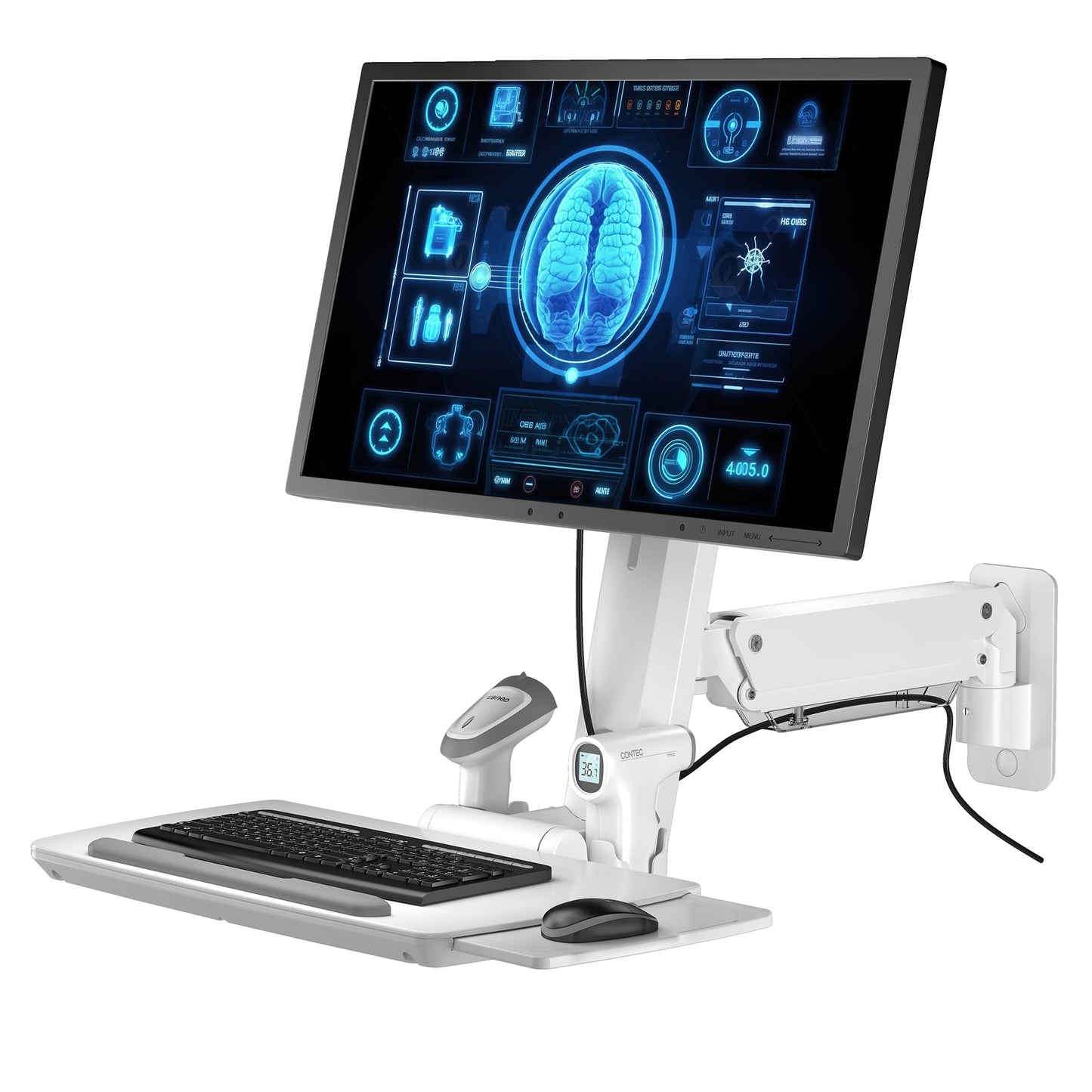 MED02 Medical Wall Mount Workstation with Folding Keyboard Tray | Large Sliding Mouse Pad | Height Adjustment Space Save Folding Design for 17"-35" Screen | Scanner Holder With CPU Wall Mount