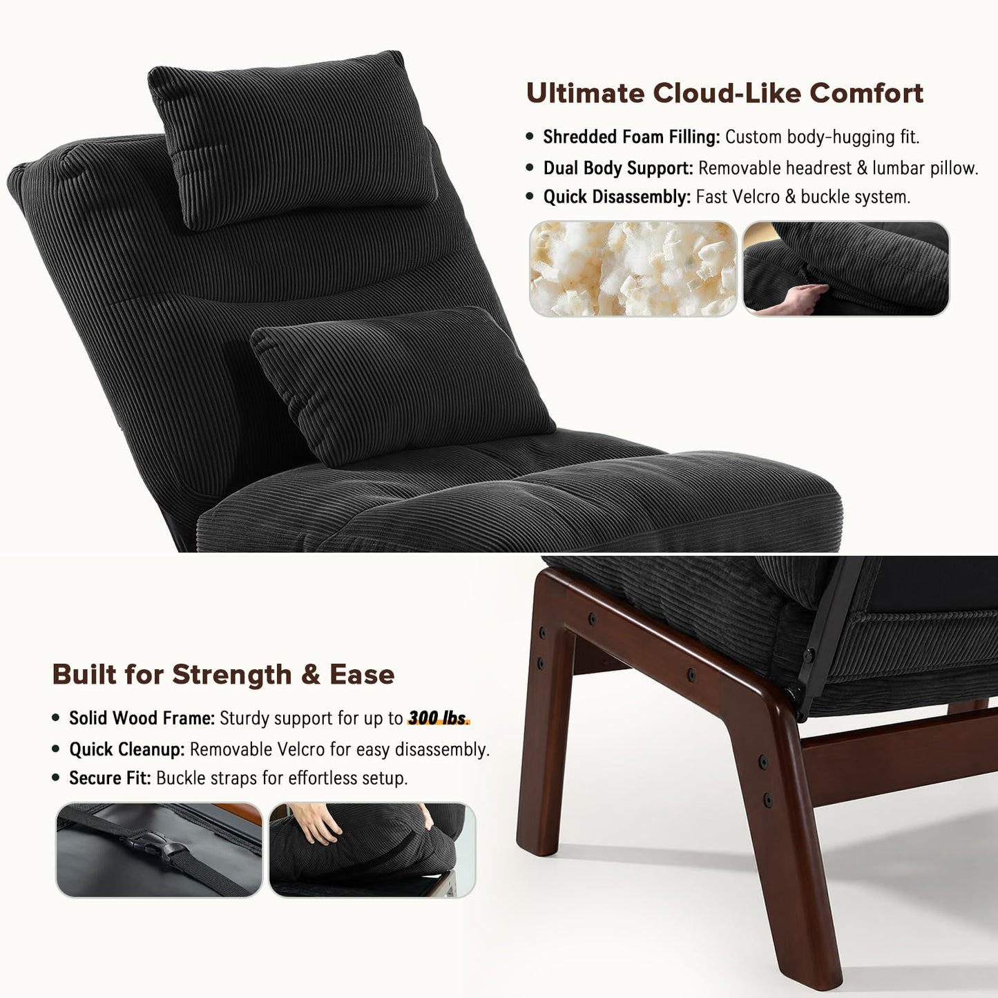 GEMBED Accent Chair with Ottoman Adjustable Backrest, Comfy Lounge Chair Single Sofa with Headrest Lumbar Pillow, Reading Chair with Footrest for Bedroom, Living Room, Dark Grey