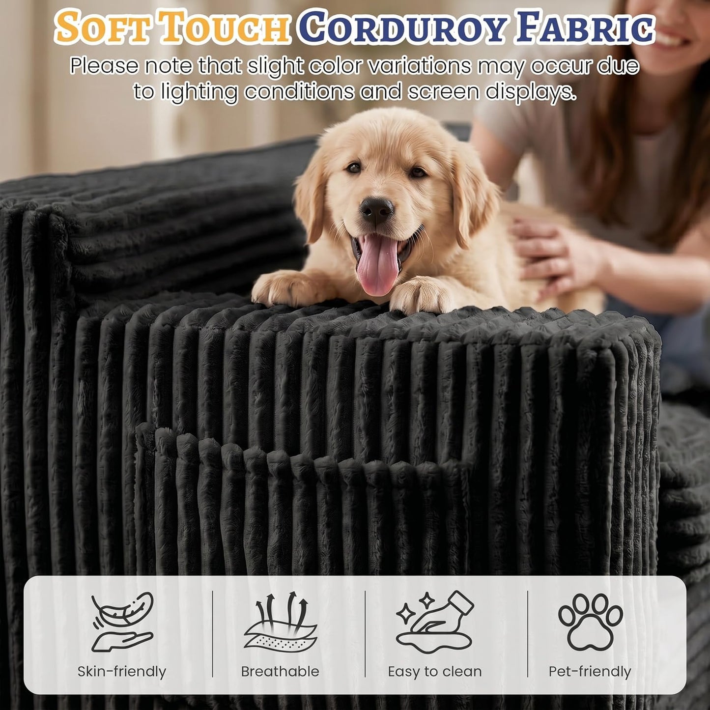 NLDD Boneless Couch, Cloud Loveseat Sofa Corduroy Couch in a Box, Upholstered Boneless 3 Seater Couch for Living Room Bedroom Office Apartment, No Assembly Required, Black