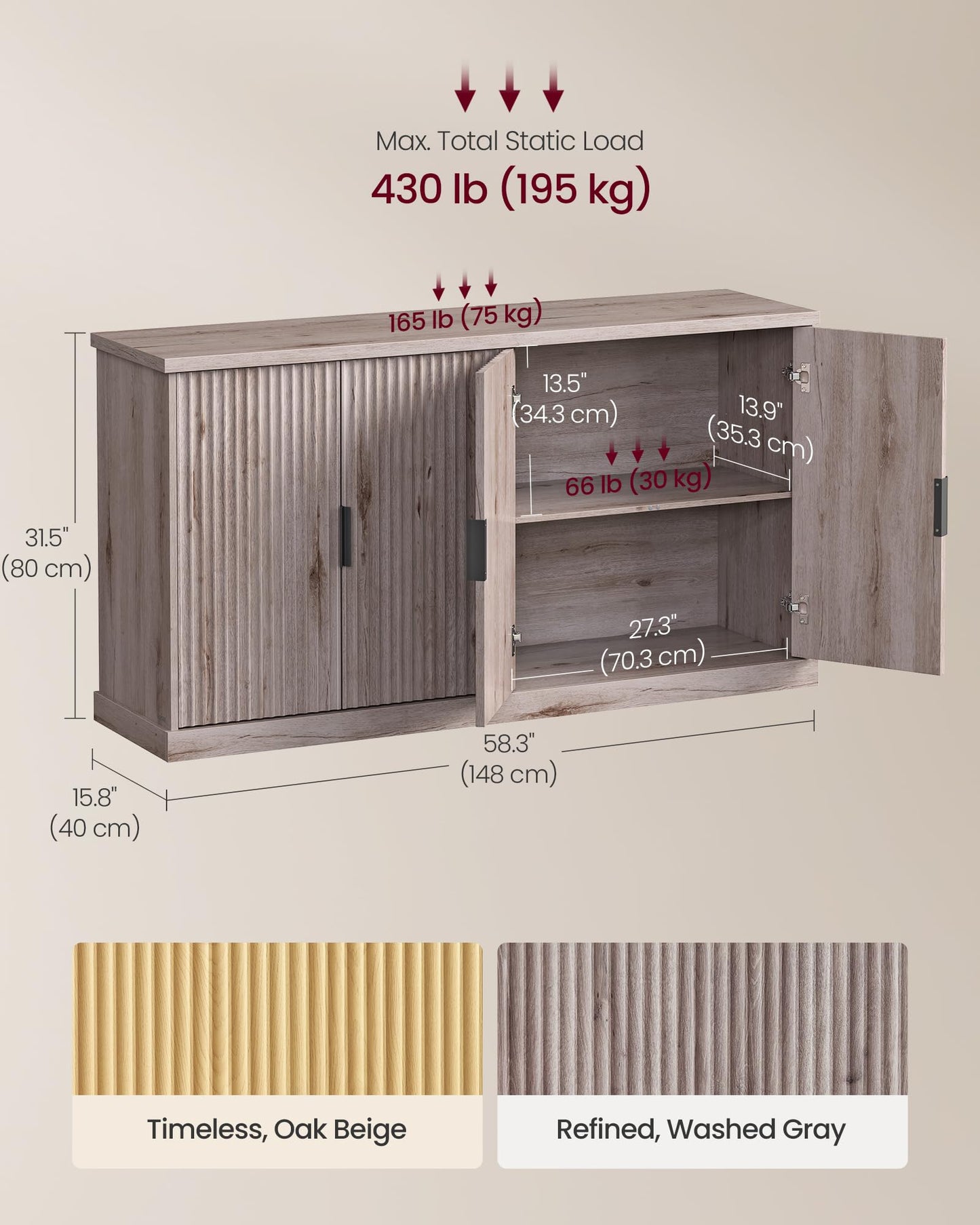 VASAGLE MAXE Collection - Buffet Cabinet, Fluted Console Cabinet, Sideboard with Adjustable Shelves, Mid Century Modern Buffet Table, 15.8 x 58.3 x 31.5 Inches, Washed Gray UBBK382G01S