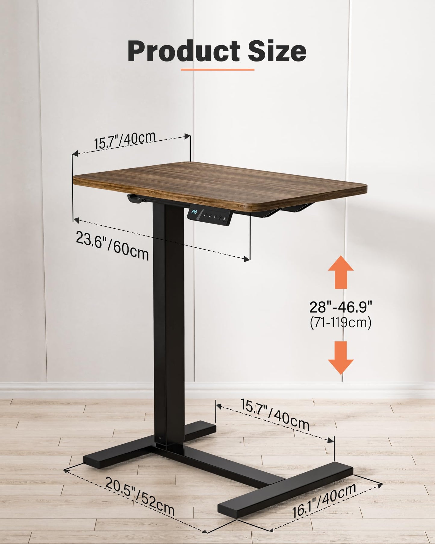 FiCiHi Small Electric Standing Desk - Adjustable Height Bedside Laptop Table with Wheels, Mobile, Portable Rolling Computer Workstation Sit Stand Table for Home Office, Sofa, Couch Use(28x16,Walnut)