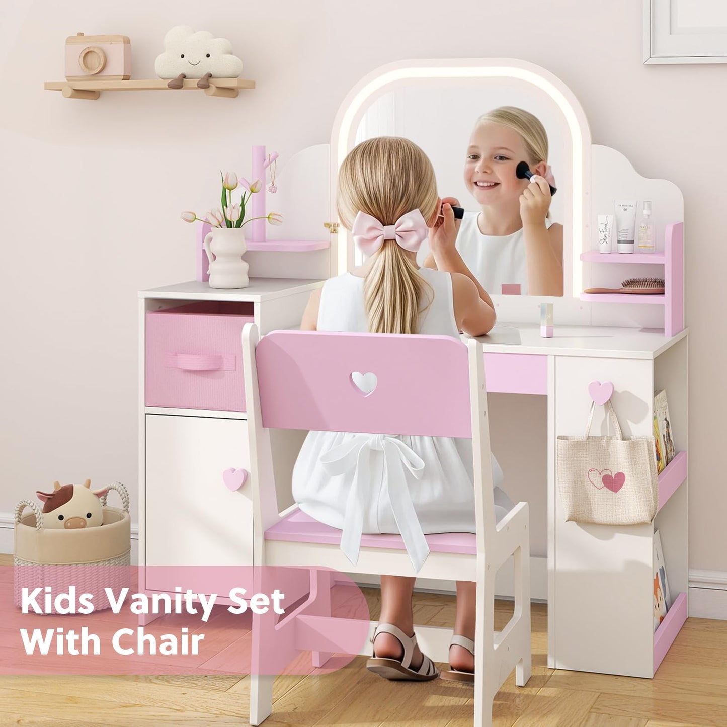 Frogprin Kids Vanity with Lights and Chair, Princess Makeup Vanity Desk with Mirror Bookshelf Storage Cabinet,3 in 1 Toddler Vanity Table Makeup Dressing Table, Pretend Play Vanity Set for Little Girl