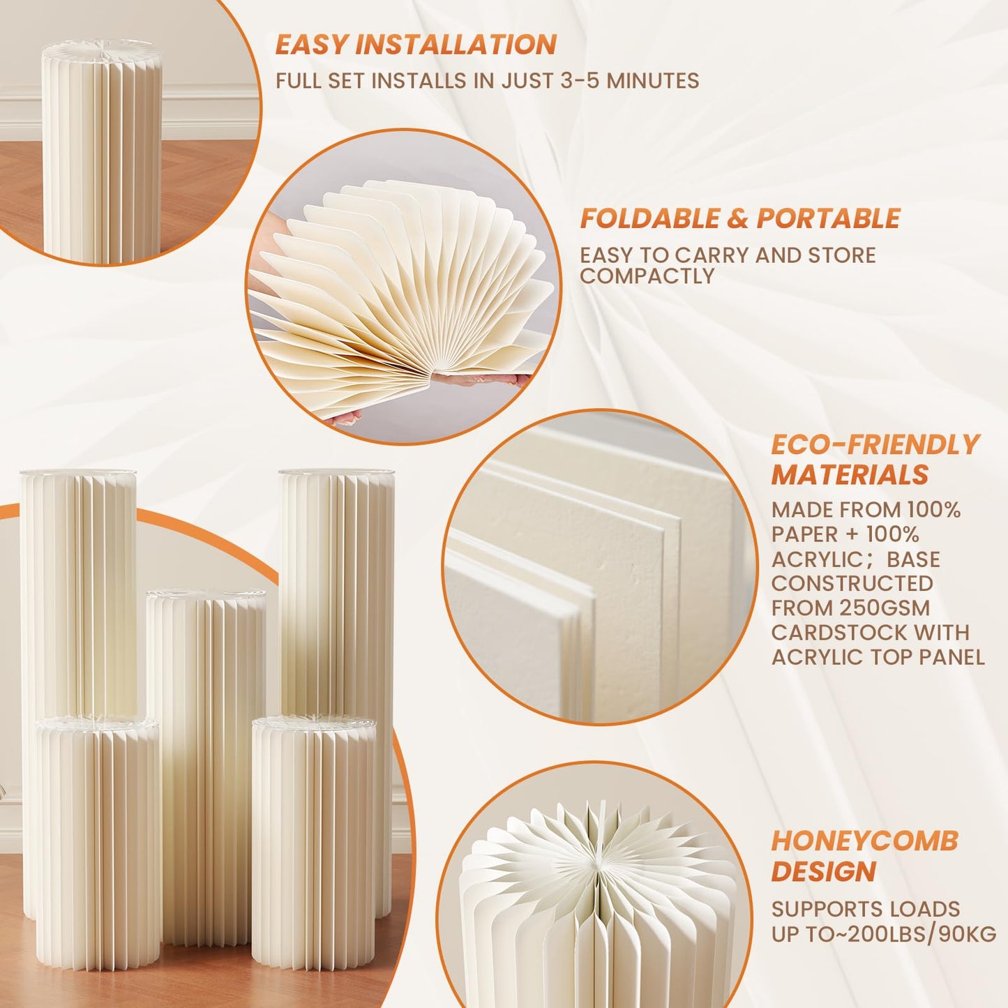 5 Pack Portable White Cylinder Stands for Party, 31.5", 23.6", 15.7" Height Foldable Cardboard Tall Cake Pedestal Stand Flower Floral Pillar Table Stand Event Plinth, cilindros para fiestas redondos blancos for Wedding Parties