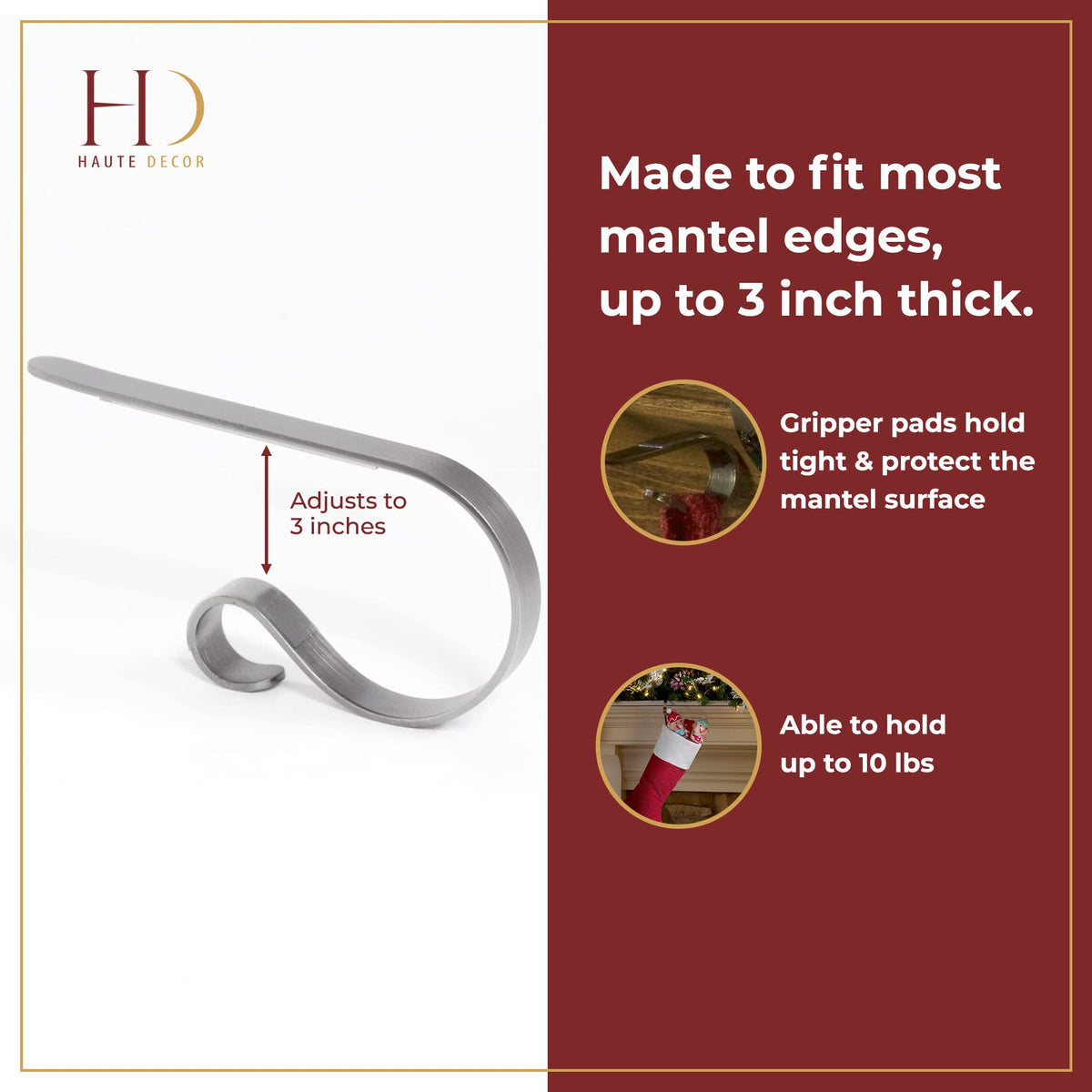 Haute Decor The Original MantleClip® Stocking Holder 4 Pack - Hang Christmas Stockings Safely and Securely from Mantels Up to 3 Inches Thick