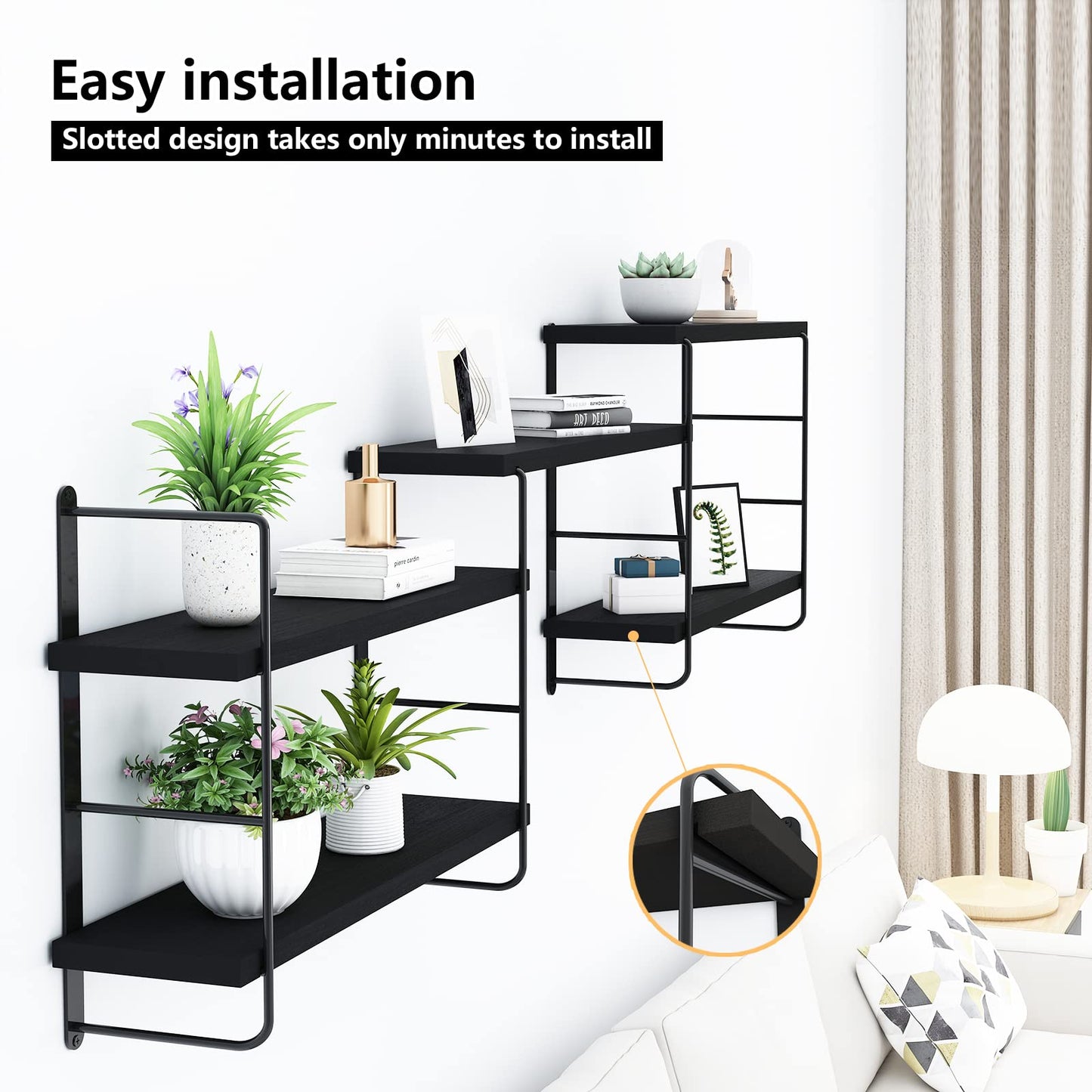 MXCSE Wall Shelves, Wall Mounted Bookshelves, DIY Floating Shelves for Wall, Wood Hanging Book Shelves for Room, Bedroom, Living Room, Easy Installation (Black, 50W x 17H)