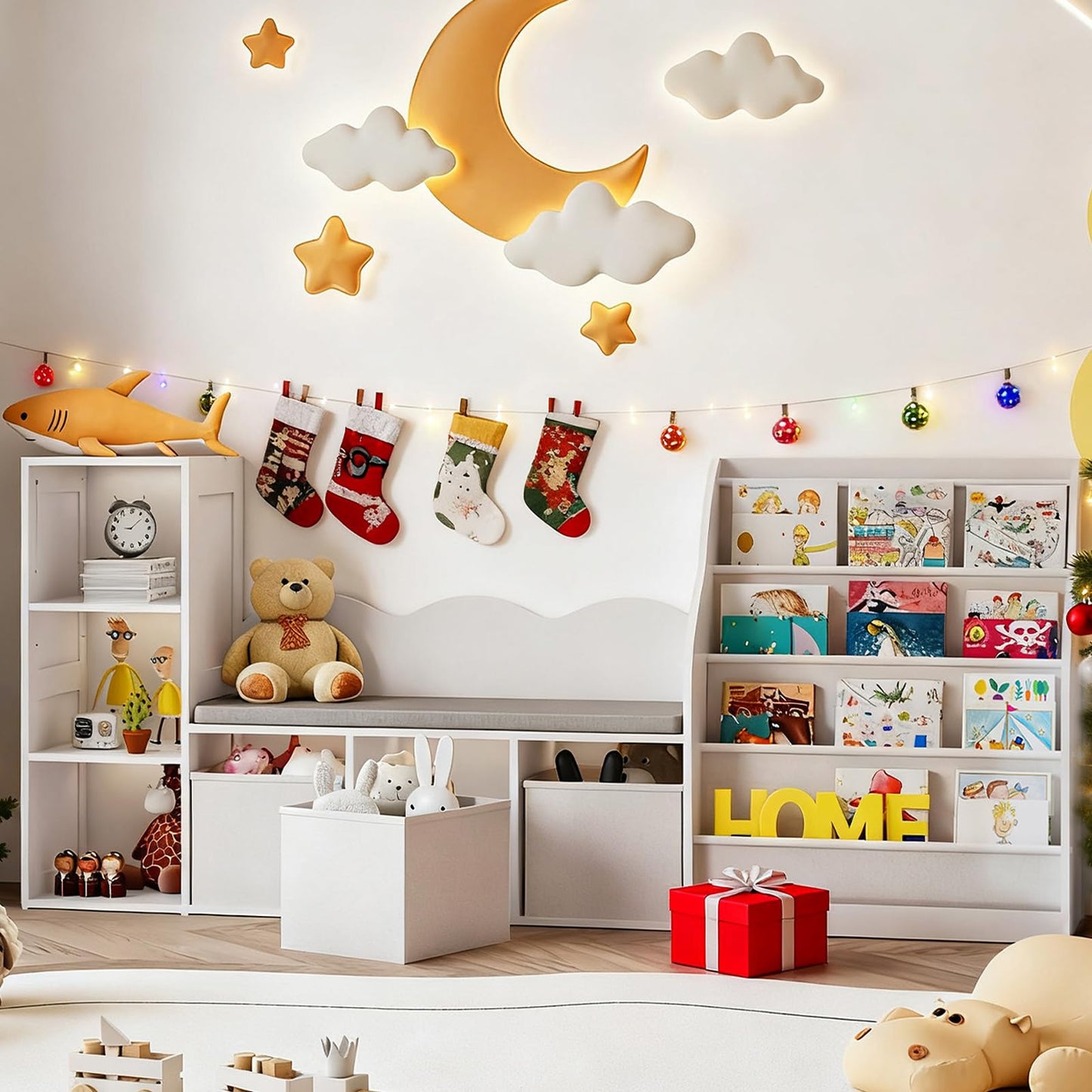 CHOEZON 66.9" Kids Bookshelf with Reading Nook, 3-in-1 Kids Bookcase with Cushion and Sling Shelf, Toy Chest Storage with Fabric Drawers, Reading Nook for Kids, for Playroom, Nursery, White MCW08WB