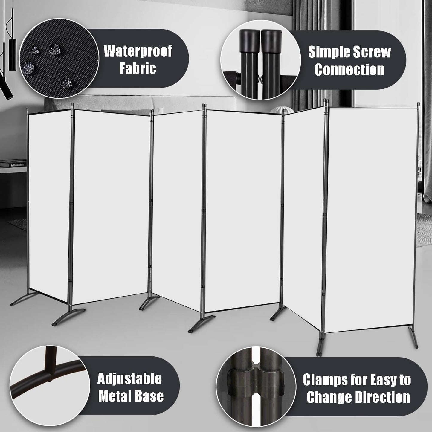 Room Divider-Folding Privacy Screens, 6 ft Partition Room Dividers Wall for Separation, Home, Office, Classroom, Studio (White, 6 Panel)