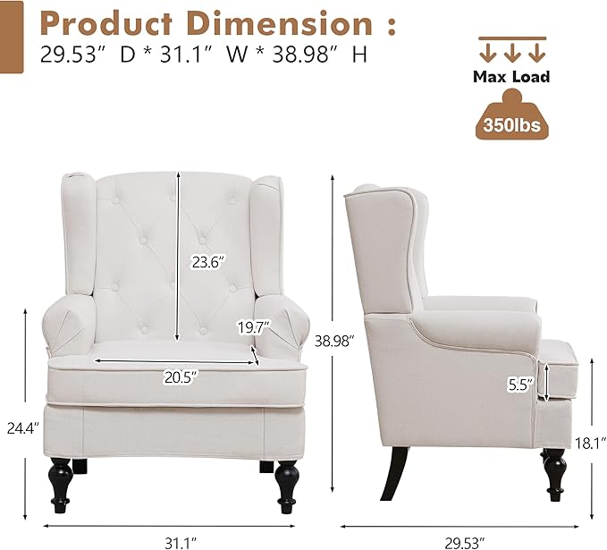 Accent Chair for Living Room, Mid Century Modern Upholstered Armchair, Wingback
