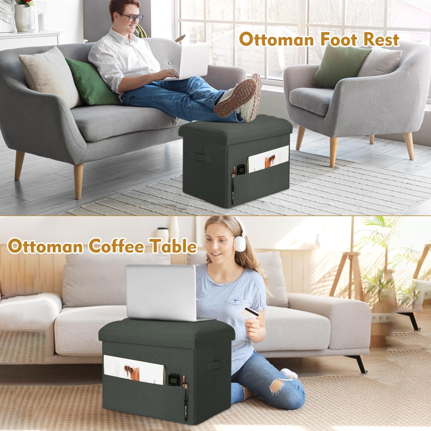 BelugaHelper Small Ottoman with Storage, Foldable Ottoman Foot Rest Stool with Thicker Foam Padded Seat. Linen Storage Bench for Bedroom Living Room, Holds Up to 300 lbs, 17x13x13IN(Black Green)