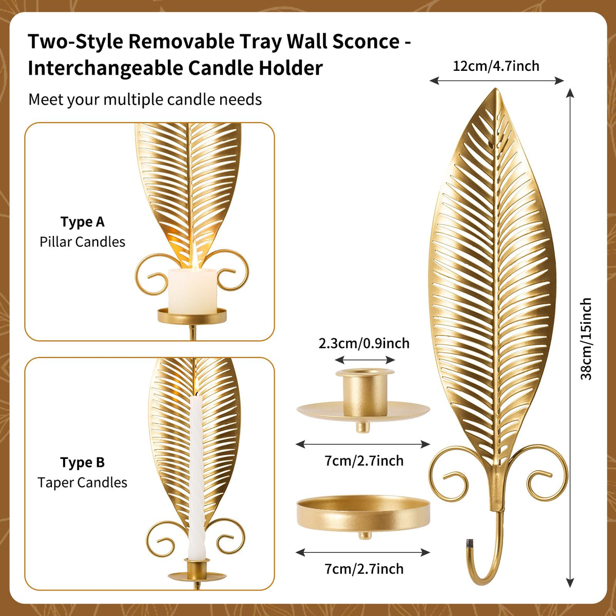 Gold Wall Candle Sconces Set of 2, Taper & Pillar Wall Iron Candelabra, Metal Golden Leaf Decor Sconce for Entryway Stair Corner Living Room, Farmhouse Fireplace,Gifts for Men Women Mom or Dad(Gold)