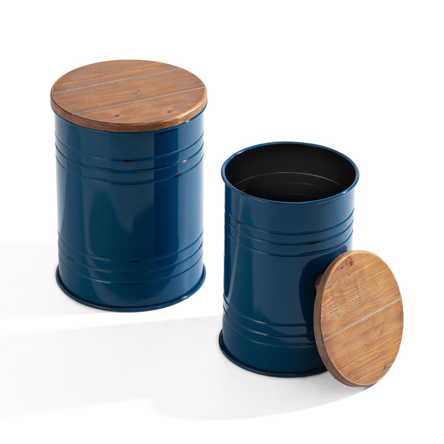 Glitzhome Rustic Storage Ottoman Seat Stool, Farmhouse Nesting End Table, Galvanized Barrel Metal Accent Side Table Toy Box Bin with Round Wood Lid for Living Room, Set of 2, Navy Blue