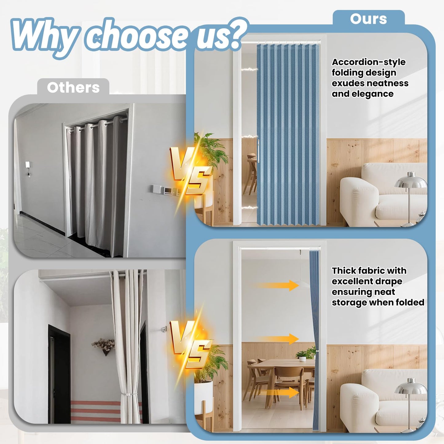 AJAZZ Blackout Accordion Door with Curtain Rods Included Closet Door Curtain Privacy Sound Proof Curtains Suitable for Bedroom Living Room Doorway Curtain Sets (1 Pack, 72 W x 78 L, Blue)