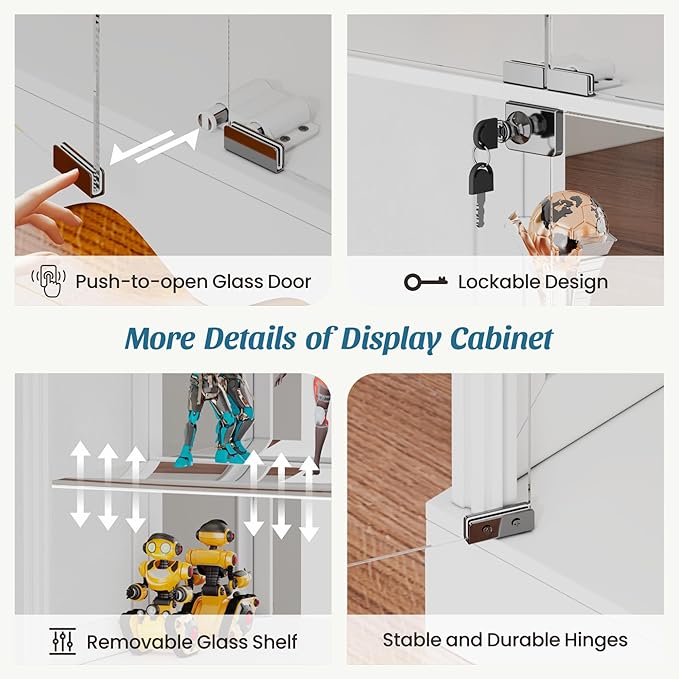 Dystler Display Cabinet with Glass Doors, LED Display Case with Removable Shelf