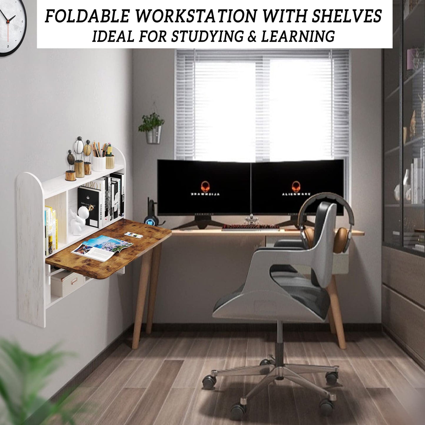 TuckTect Wall Mounted Drop-Leaf Table, Floating Laptop Desk, Folding Table with Shelves, Multifunctional Computer Workstation with Storage Compartments in Home Office for Space Saving (Grayish White)
