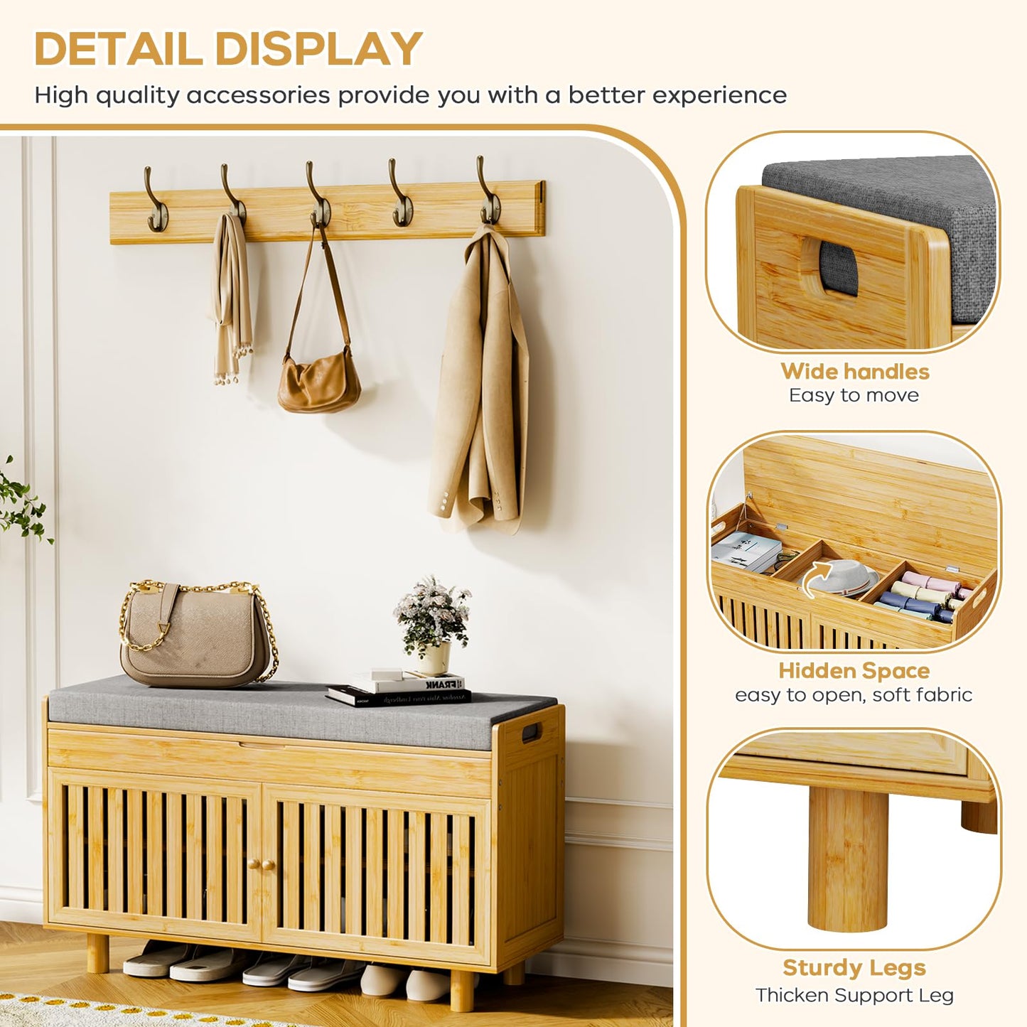 Shoe Storage Bench Coat Rack Set, 35.4" Bamboo Shoes Bench with Lift Top Hidden Storage & Wall Hooks, Hall Tree Entryway Bench with Seat Cushion, 2-Tier Shoe Cabinet for Entryway, Living Room, Bedroom