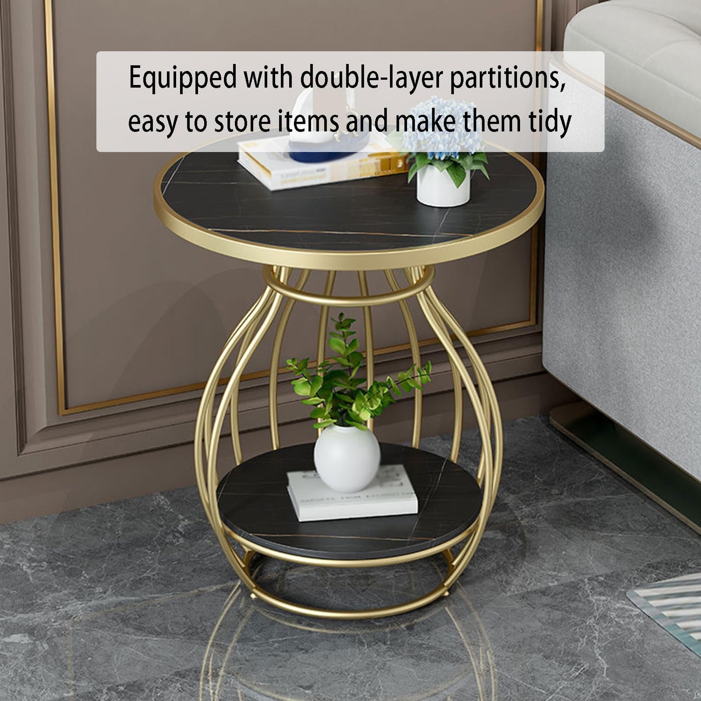 End Table Round Vintage, 2-Tier Metal Side Table with Shelf Storage, Faux Marble Sofa Side Bedside Nightstand, Arc-Shaped Frame Accent Furniture for Living Room
