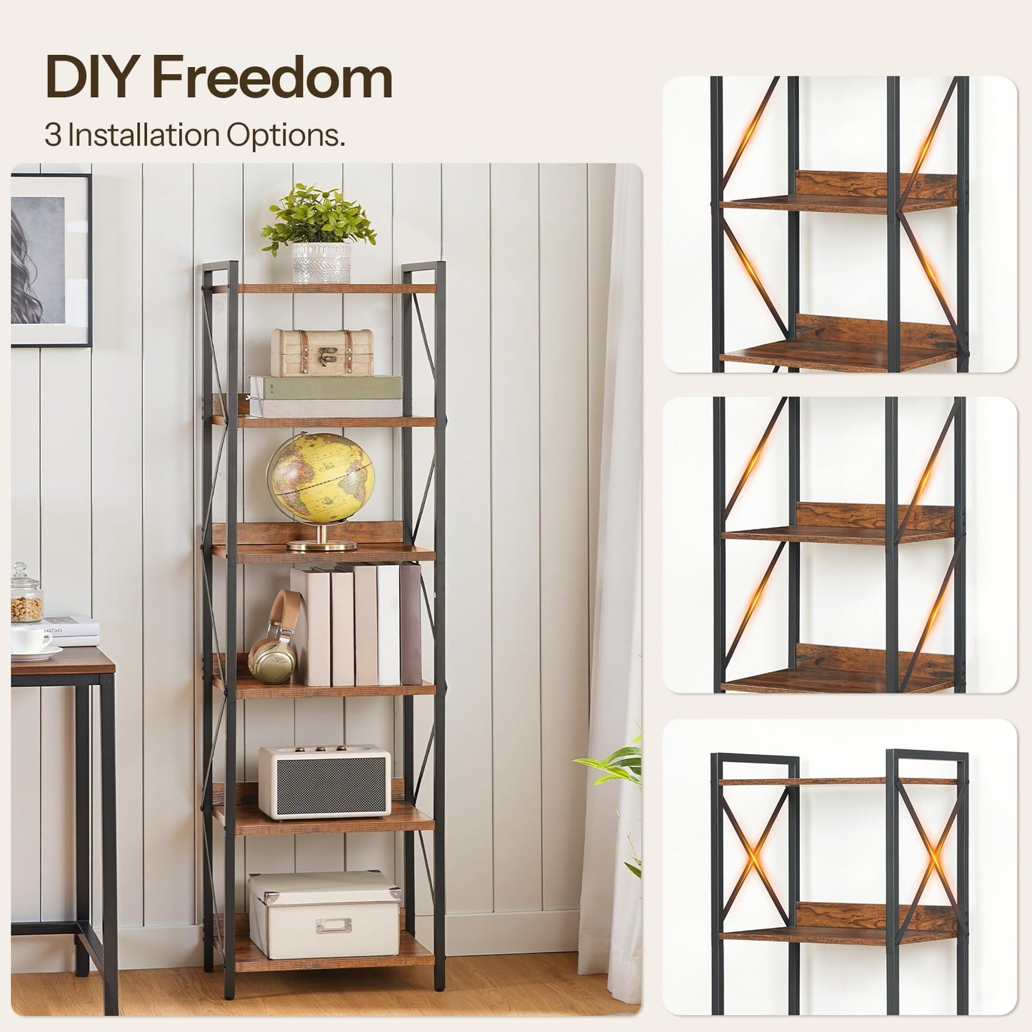 HOOBRO Bookshelf, 6-Tier Industrial Bookcase, Book Shelf Storage Organizer, Tall Bookshelf with Metal Frame for Living Room, Bedroom, Home Office, Kitchen, Rustic Brown and Black BF72SJ01