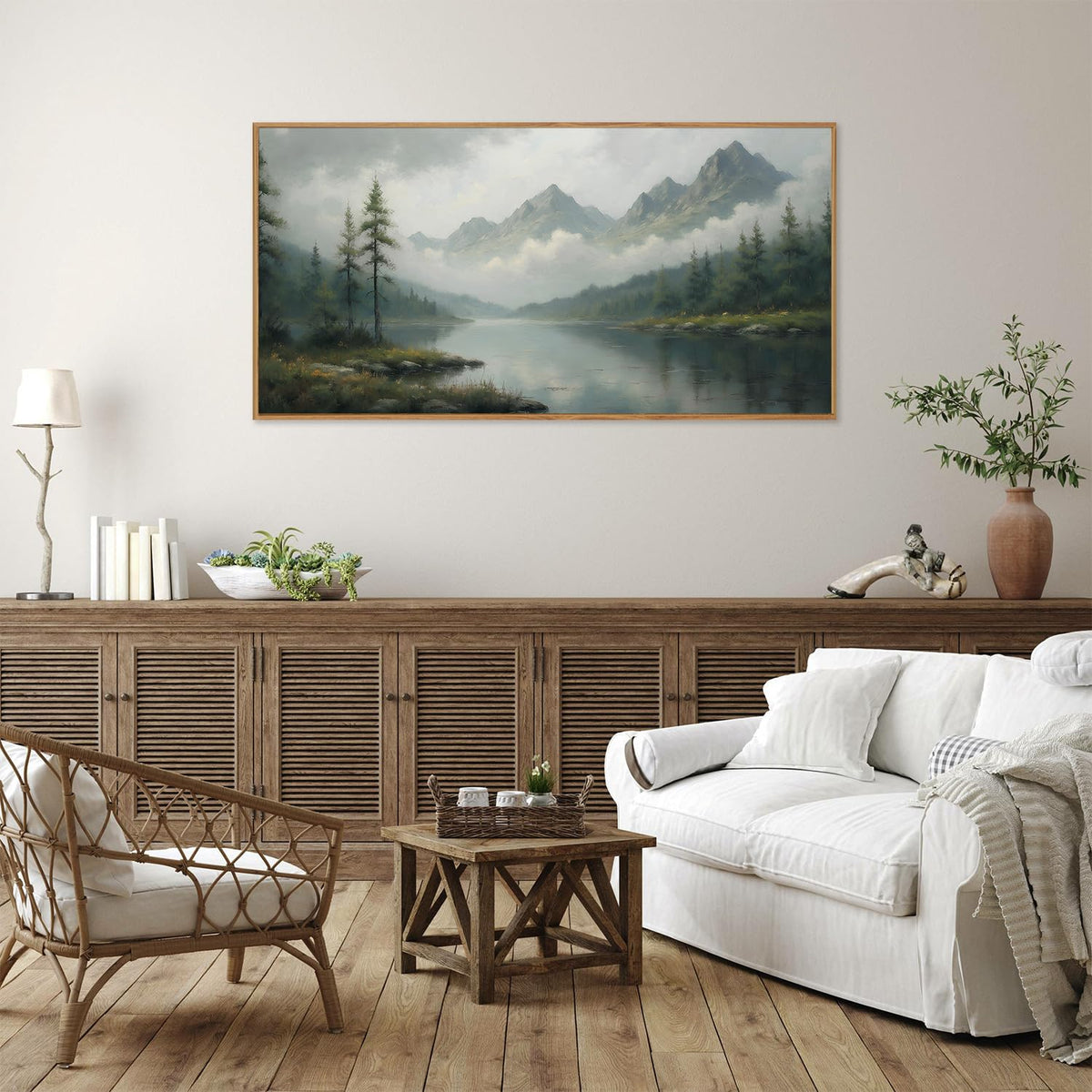 SIGNINART Large Green Forest Framed Canvas Wall Art, Misty Mountain Lake Wall Decor, Modern Foggy Wood Landscape Artwork, Nature Oil Painting Art Print for Living Room, Bedroom, Office 20"x40"