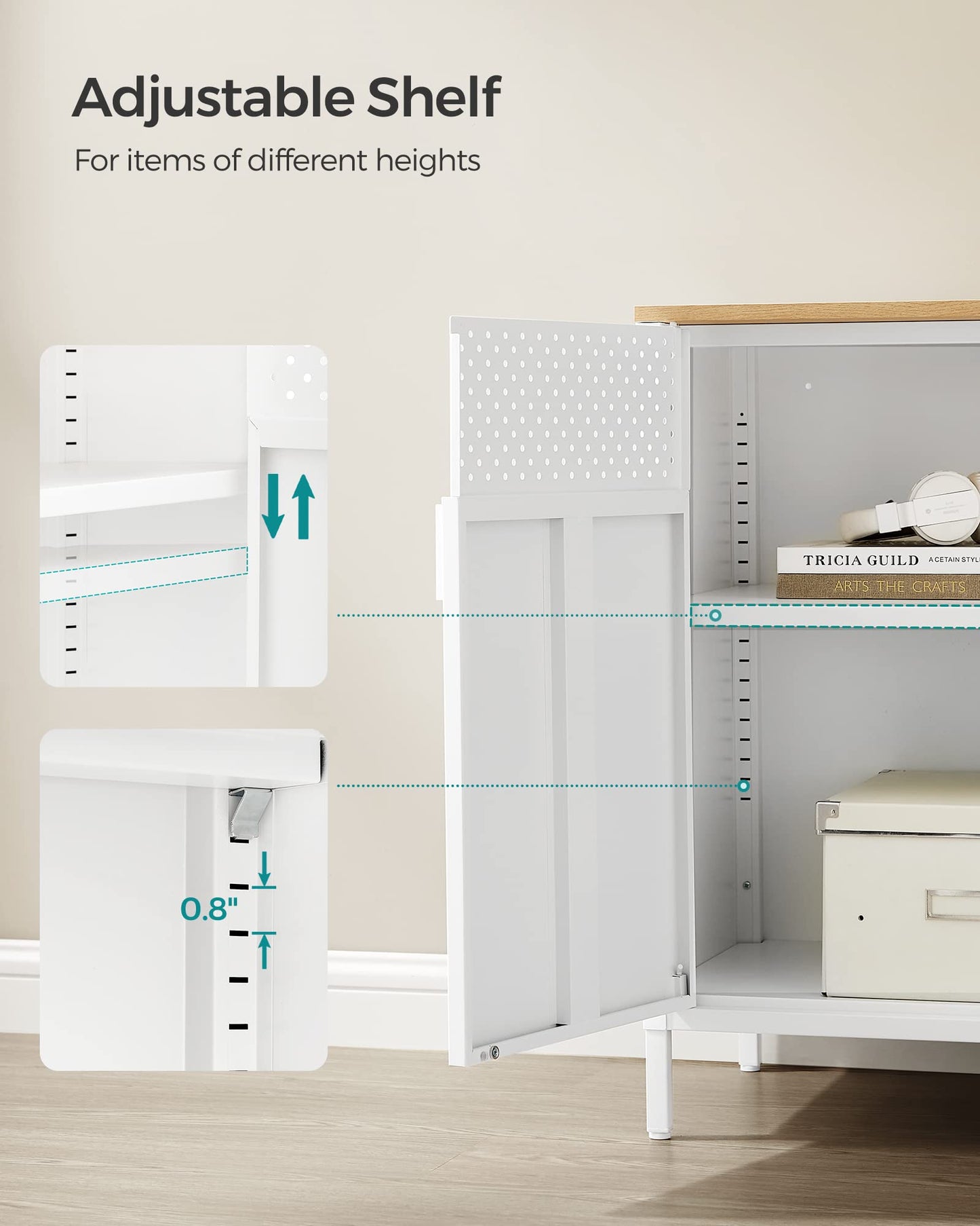 SONGMICS Storage Cabinet, Metal Cabinet, Sideboard with 2 Doors, 15.7 x 31.5 x 29.9 Inches, Magnetic Closure, Adjustable Shelf, Steel Frame, Natural Beige and White ULSC102W57