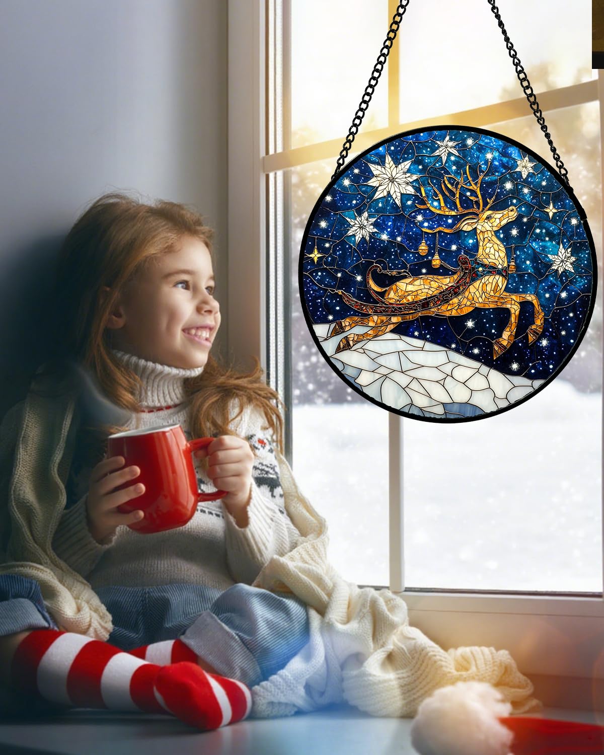 HWRHTR Stained Glass Window Hanging - Reindeer Blue Starry Sky Suncatcher for Doors Home Christmas Decoration Winter Sun Catcher Thanksgiving New Year Birthday Gifts for Women Men Mom Nana 7.8 in