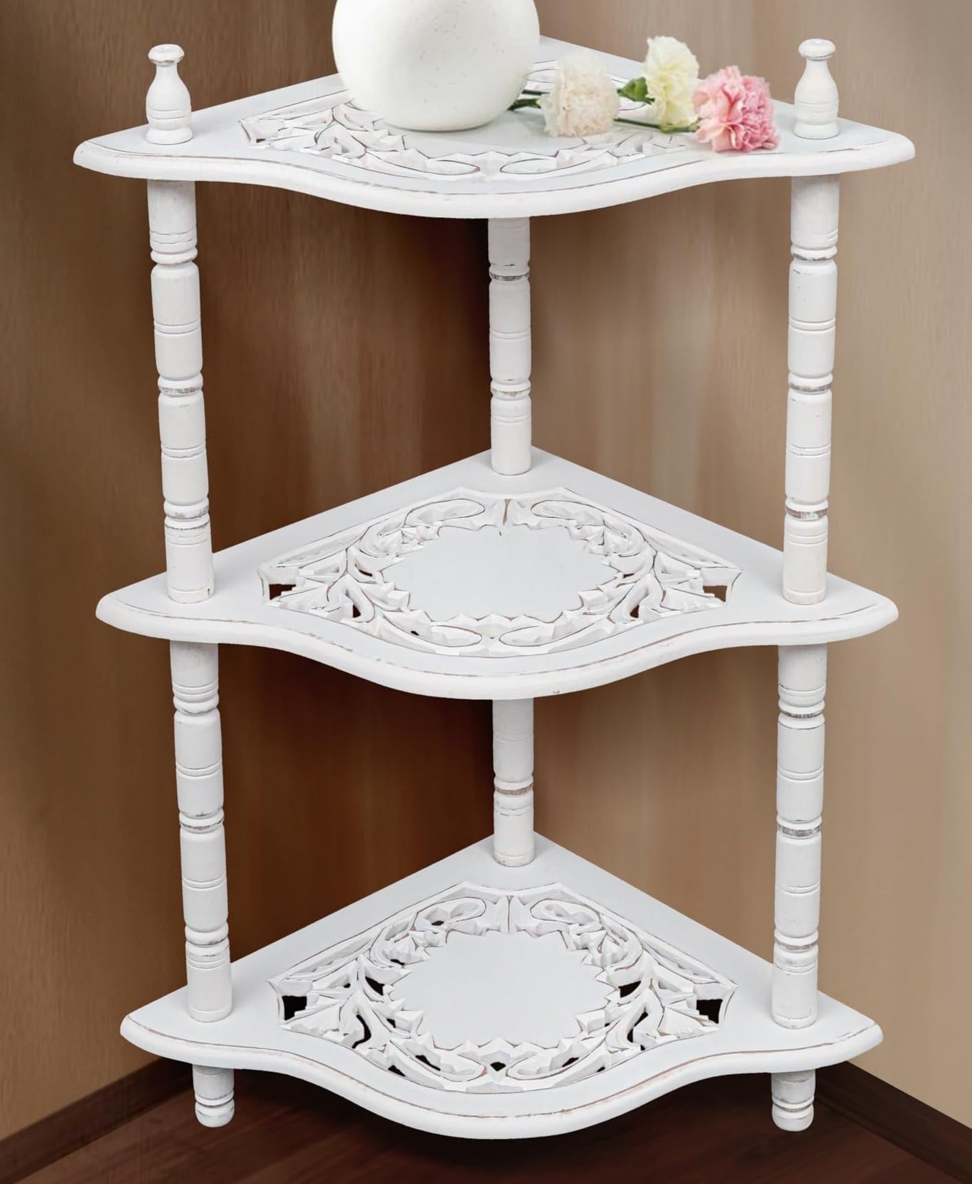 The Wooden Town Antique White Corner Bookshelf - 3-Tier Corner Shelf Stand for Small Spaces, Stylish Bathroom & Home Office Storage Solution, 12" L x 12" W x 26" H