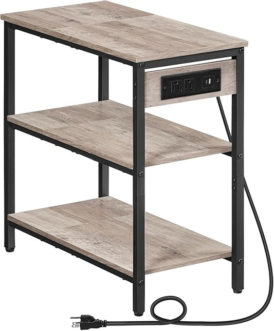 HOOBRO End Table with Charging Station, Simple Rustic Side Table with 3-Tier