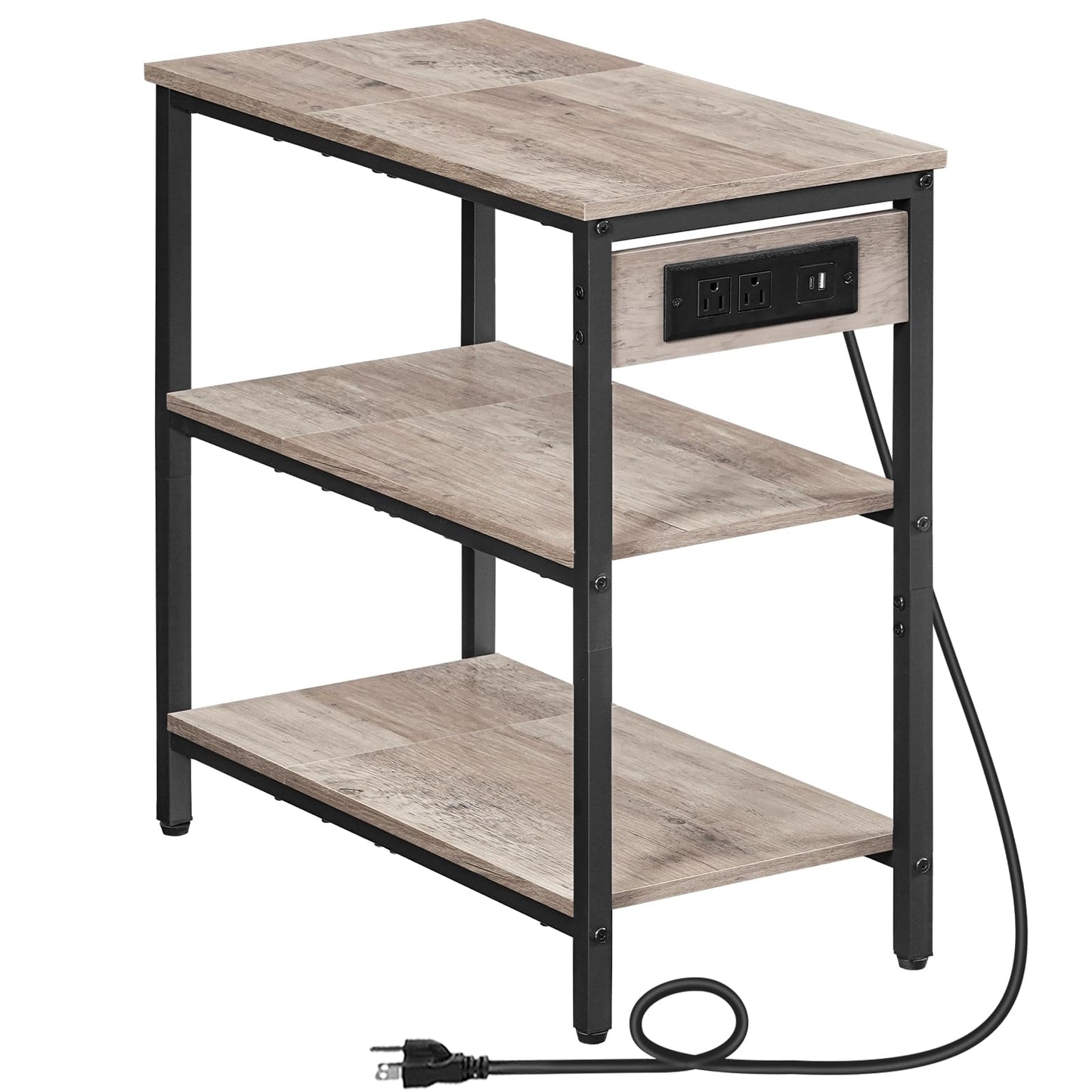 HOOBRO End Table with Charging Station, Side Table with 3 Tier Storage Shelf, Narrow Nightstand for Small Spaces, for Living Room, Bedroom, Easy Assembly, Greige and Black BG149UBZ01