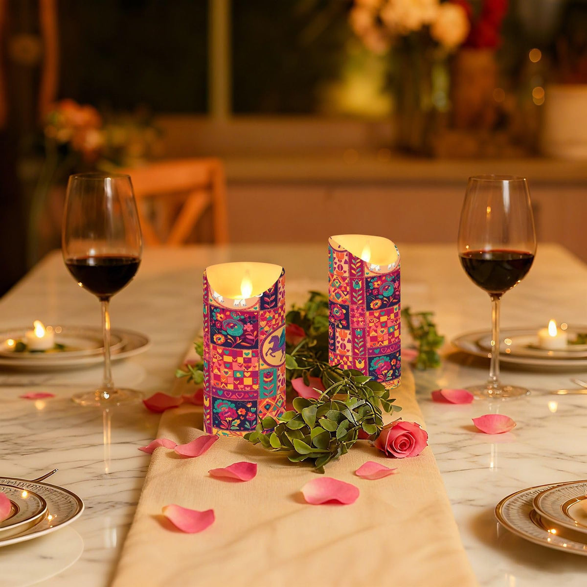 Gravopti Patchwork Animals 2 Pack Flameless LED Pillar Candles with Remote & Timer, Battery Operated, Flickering Wax Candle for Wedding, Romantic Home & Party Decor