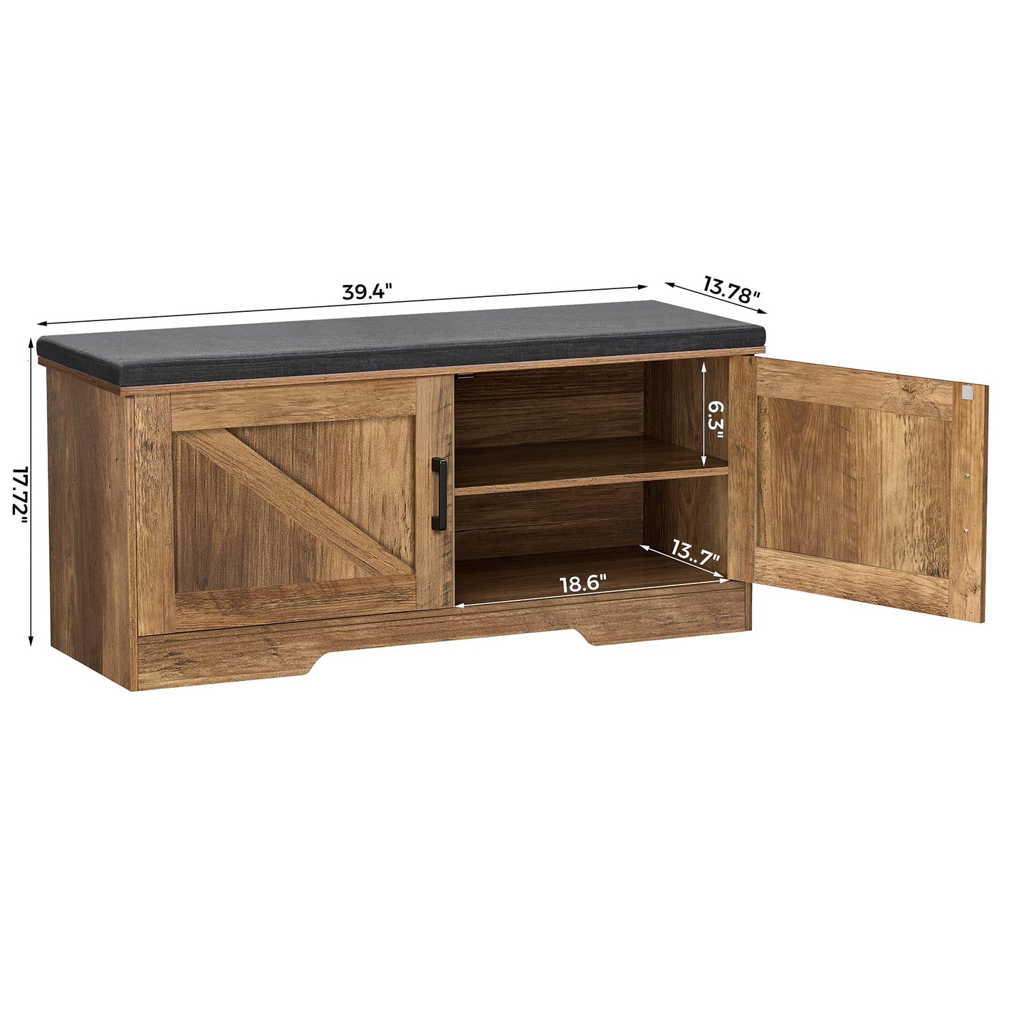 HOMSHO 2-Tier Storage Bench, 39.4" Wide Shoe Bench with Padded Seat Cushion, Entryway Bench with 2 Barn Doors and Adjustable Shelf, Rustic Walnut