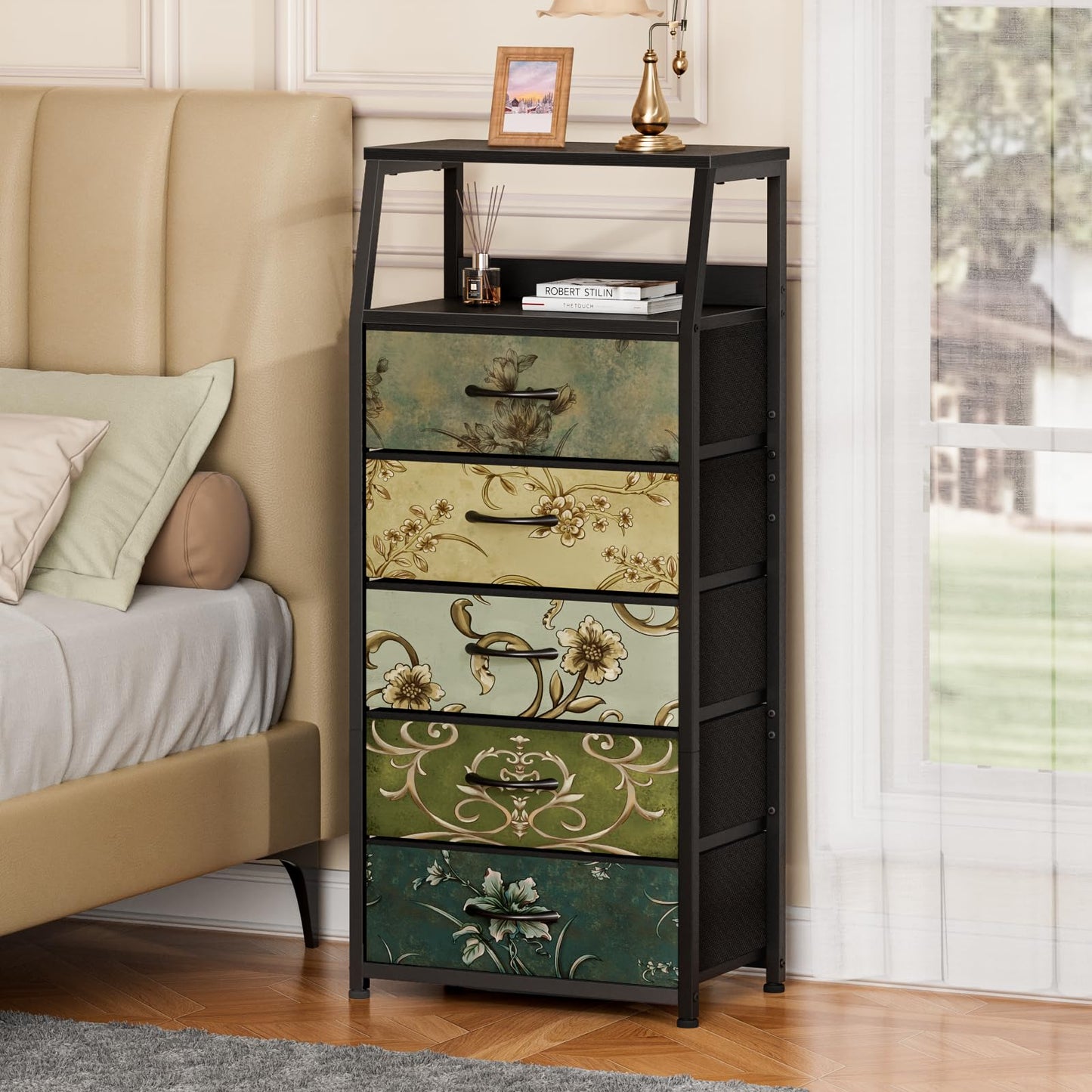 Furnulem Retro 5 Drawers Dresser, Tall Dressers for Bedroom, Closet, Hallway, Nursery, Fabric Storage Tower Organizer, Vertical Nightstand Side Table Furniture, Steel Frame, Wood Top