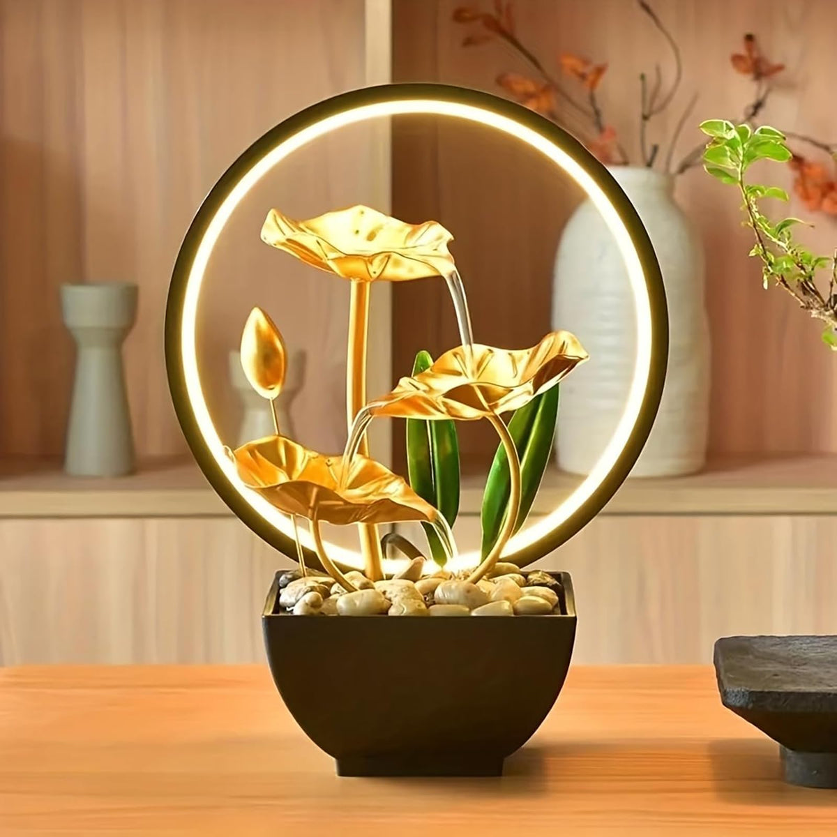 Huazzzyi Tabletop Fountain with Led Light, 11 in Gold Lotus Table Top Water Fountain Indoor USB Powered Zen Desk Waterfall Fountain with 1 Replacement Water Pump