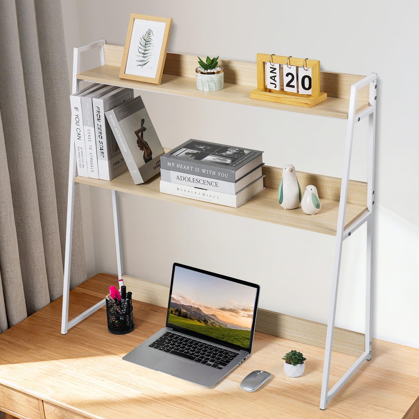KIOMIMI 2-Tier Desktop Bookshelf & Hutch - Fits Over Large Monitors - Modern Desk Organizer with Metal Frame - Vertical Storage for Small Desks, Home Office, Dorm, Makeup Vanity (Blonde Wood/White)