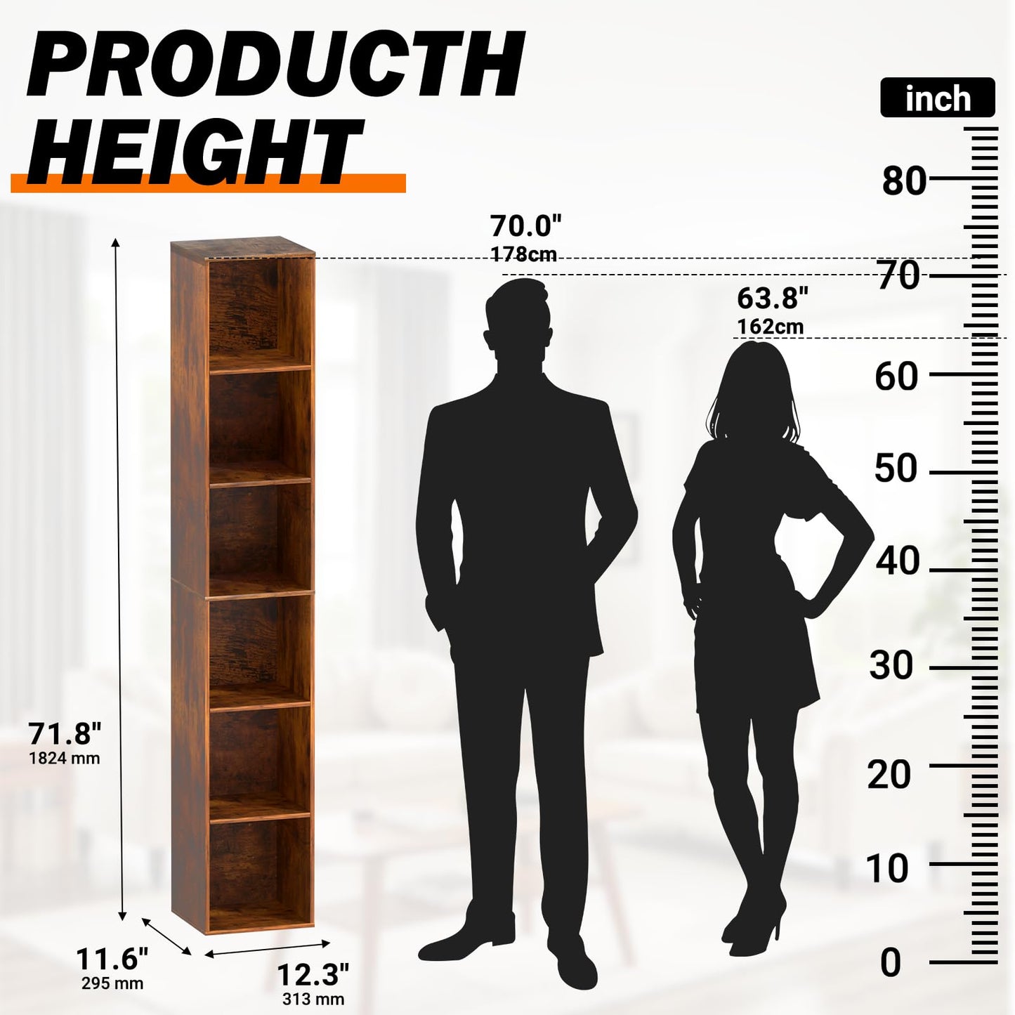 NewBeth Cube Storage Organizer, 6 Cube Retro Bookshelf, Freestanding 6 Tier Open Shelf, Rustic Brown Retro Shelves for Home Office, Bedroom, Living Room, Study