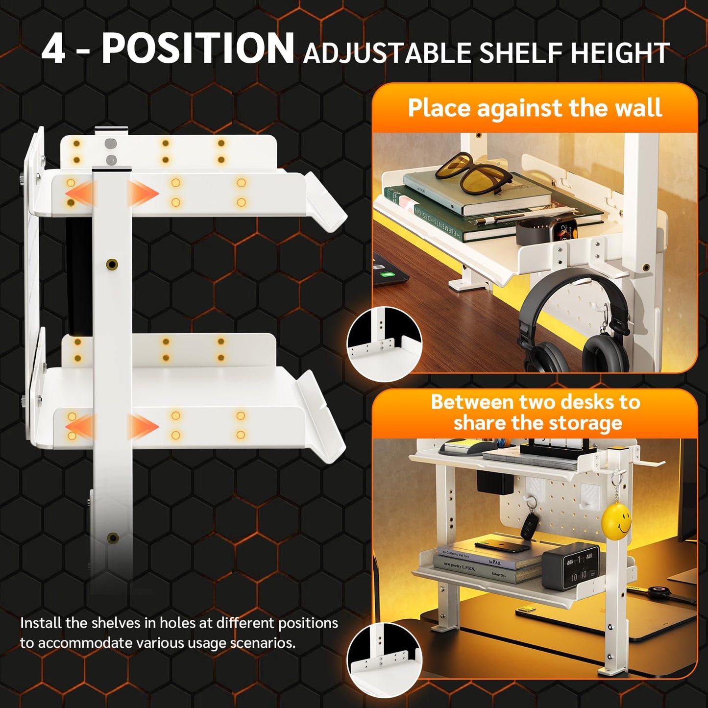 2-Tier Steel Clamp On Desk Shelf, Adjustable 16 inch Desk Storage Shelves with Pegboard and Pencil Holder,Above or Under Heavy Duty Desktop Organizer with Headphone Holder for Desk Accessories (White)
