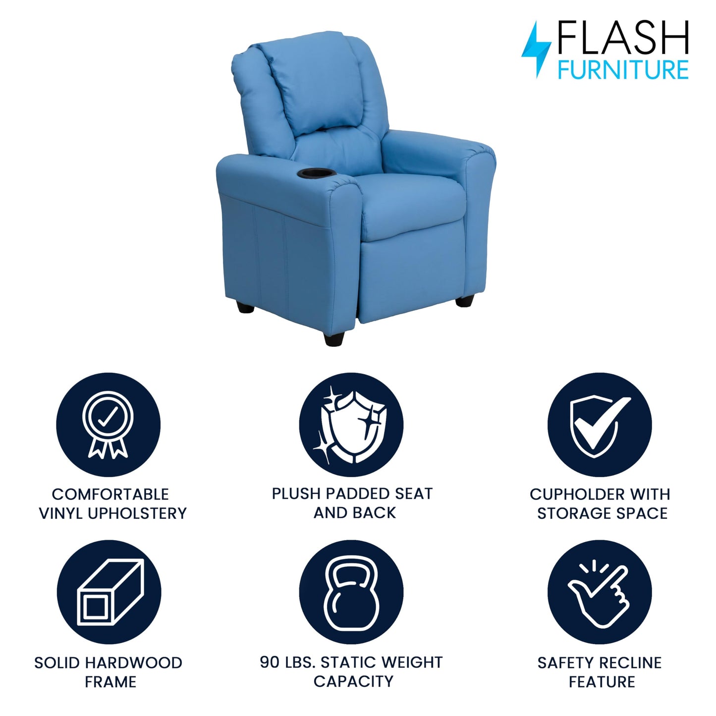 Flash Furniture Vana Vinyl Kids Recliner with Cup Holder, Headrest, and Safety Recline, Contemporary Reclining Chair for Kids, Supports up to 90 lbs., Light Blue