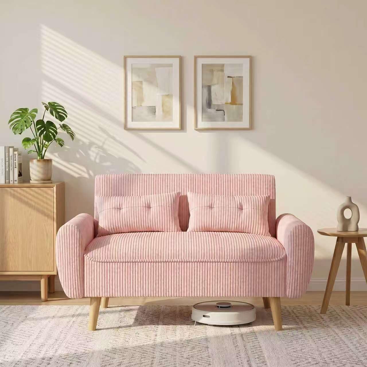 Shintenchi 48'' Loveseat Sofa, Mid-Century Modern Upholstered Couch Deep Seat with 2 Pillows, 10" Thick Cushion with Spring, Solid Wood Frame Small Couch for Living Room, Bedroom, Dorms & Office, Pink