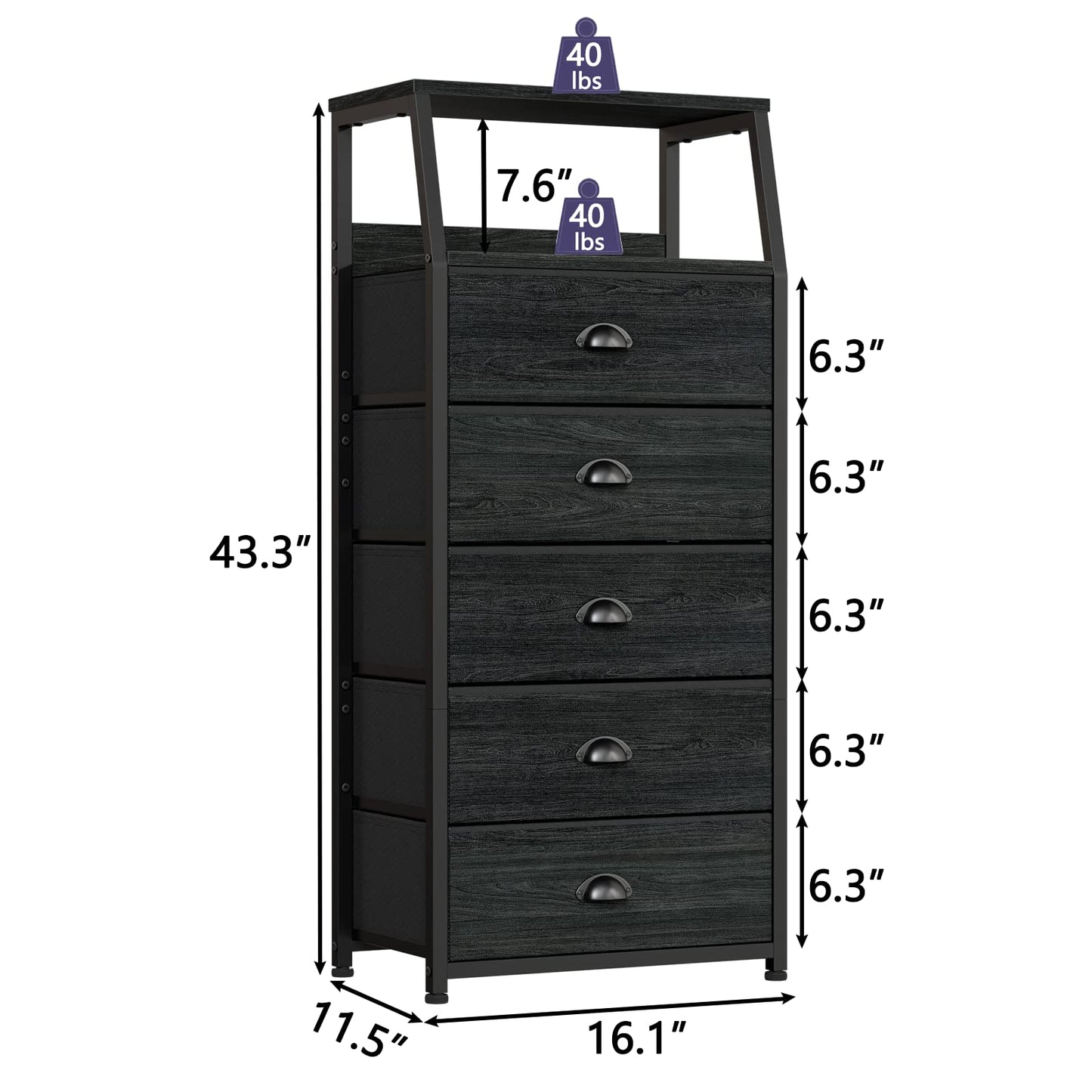 Furnulem Black Dresser with 5 Drawers, Vertical Storage Tower Fabric Dresser for Bedroom, Hallway, Entryway, Nursery, Closet Organizer, Nightstand Bedside Table Furniture, Sturdy Steel Frame, Wood Top